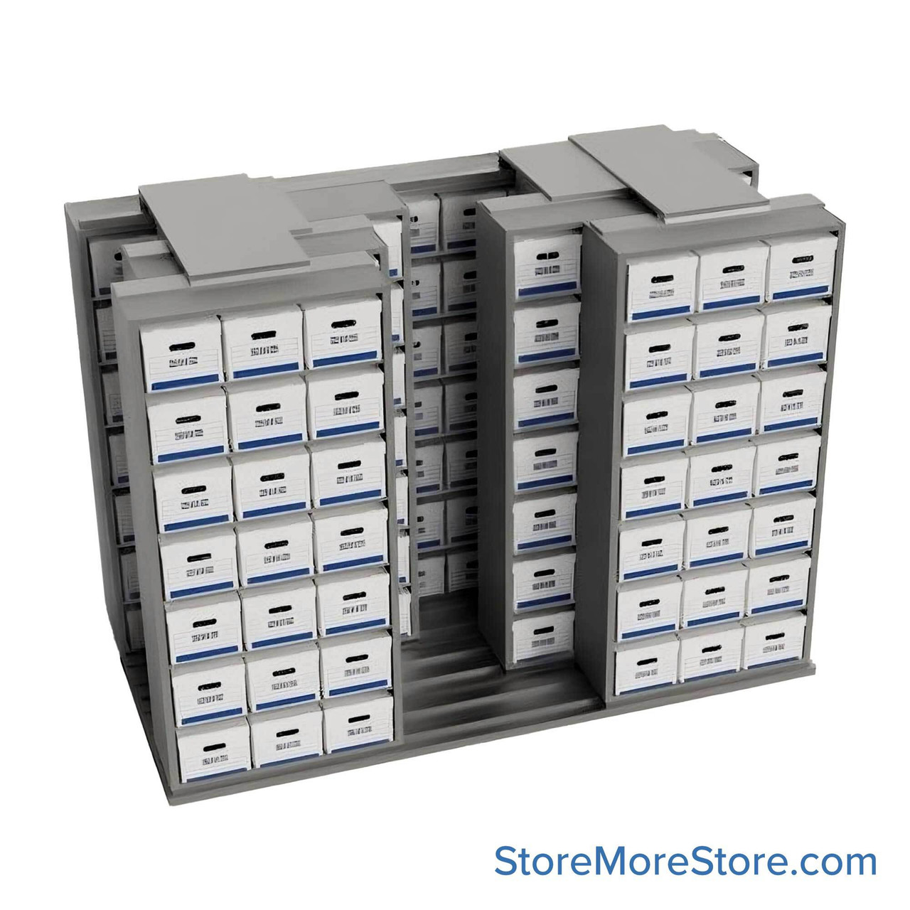 Sliding Box Shelving Storage Systems, 130" W x 71.5" D x 93.75" H, 3 Stationary Rows, 42" Shelf Width, 3 Moveable Rows