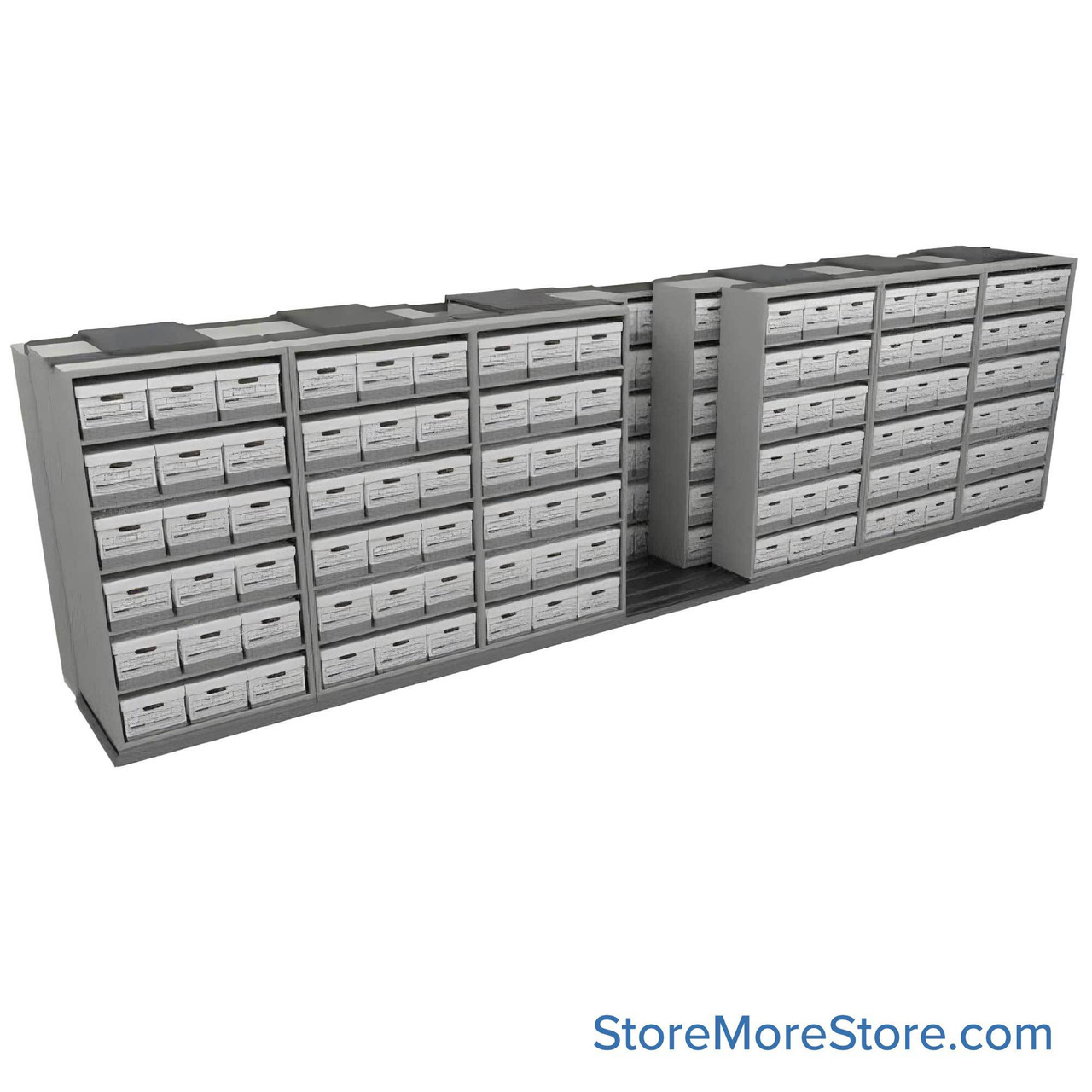 Sliding Box Shelving Storage Systems, 298" W x 53" D x 81.75" H, 7 Stationary Rows, 42" Shelf Width, 2 Moveable Rows