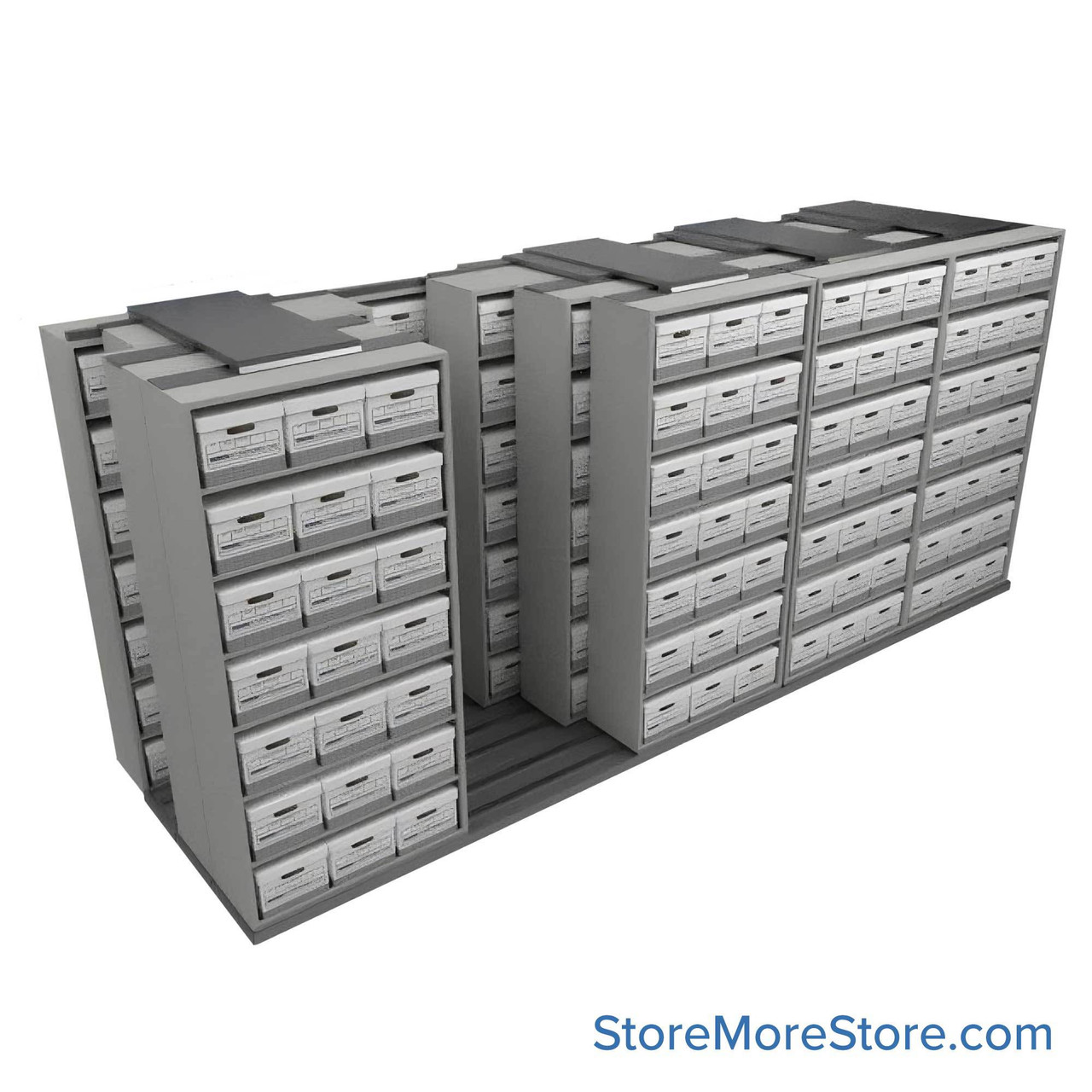 Sliding Box Shelving Storage Systems, 214" W x 71.5" D x 93.75" H, 5 Stationary Rows, 42" Shelf Width, 3 Moveable Rows