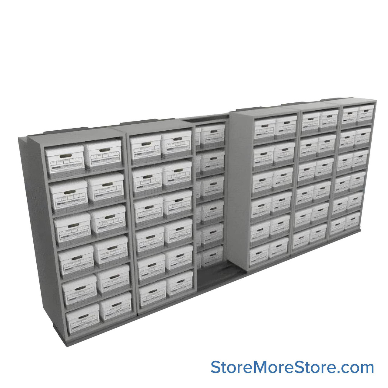 Sliding Box Shelving Storage Systems, 184" W x 34.5" D x 81.75" H, 6 Stationary Rows, 30" Shelf Width, 1 Moveable Row