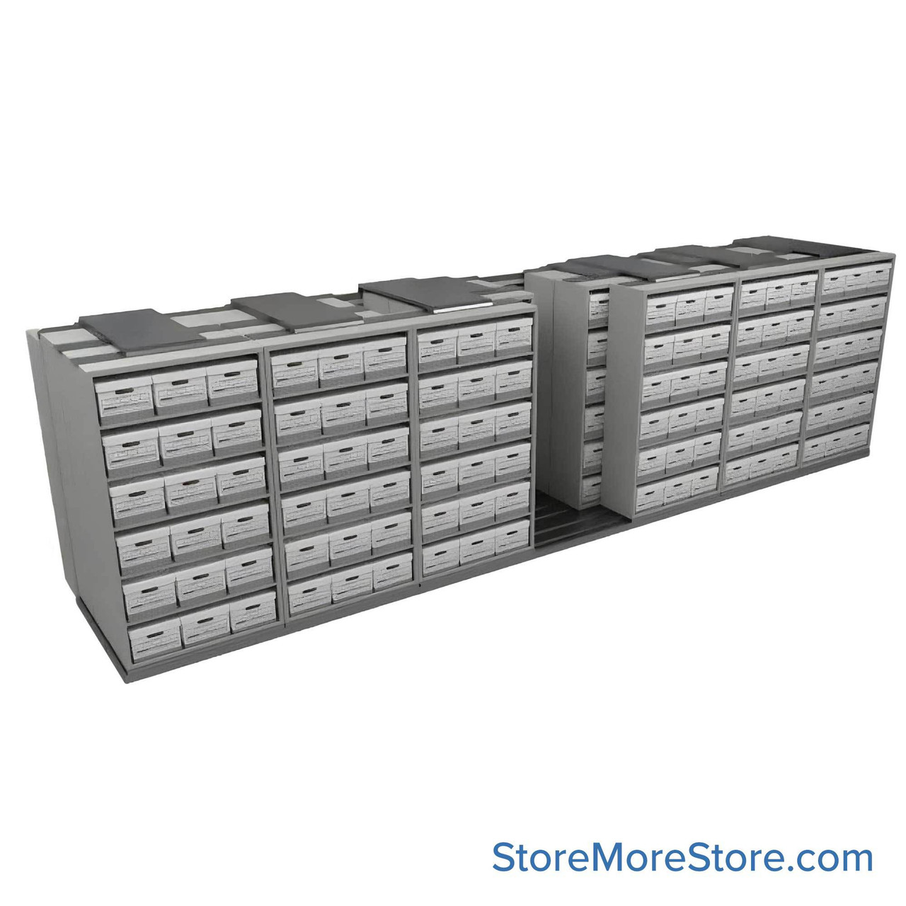 Sliding Box Shelving Storage Systems, 298" W x 71.5" D x 81.75" H, 7 Stationary Rows, 42" Shelf Width, 3 Moveable Rows