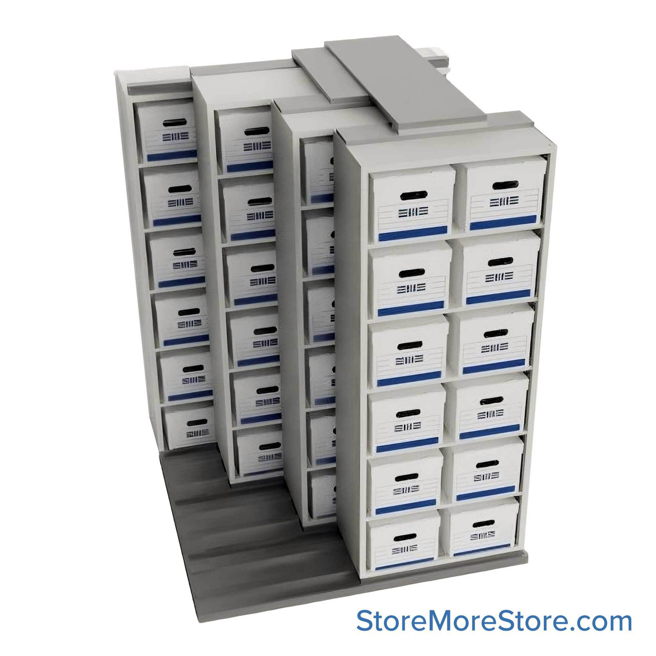 Sliding Box Shelving Storage Systems, 64" W x 34.5" D x 81.75" H, 2 Stationary Rows, 30" Shelf Width, 3 Moveable Rows