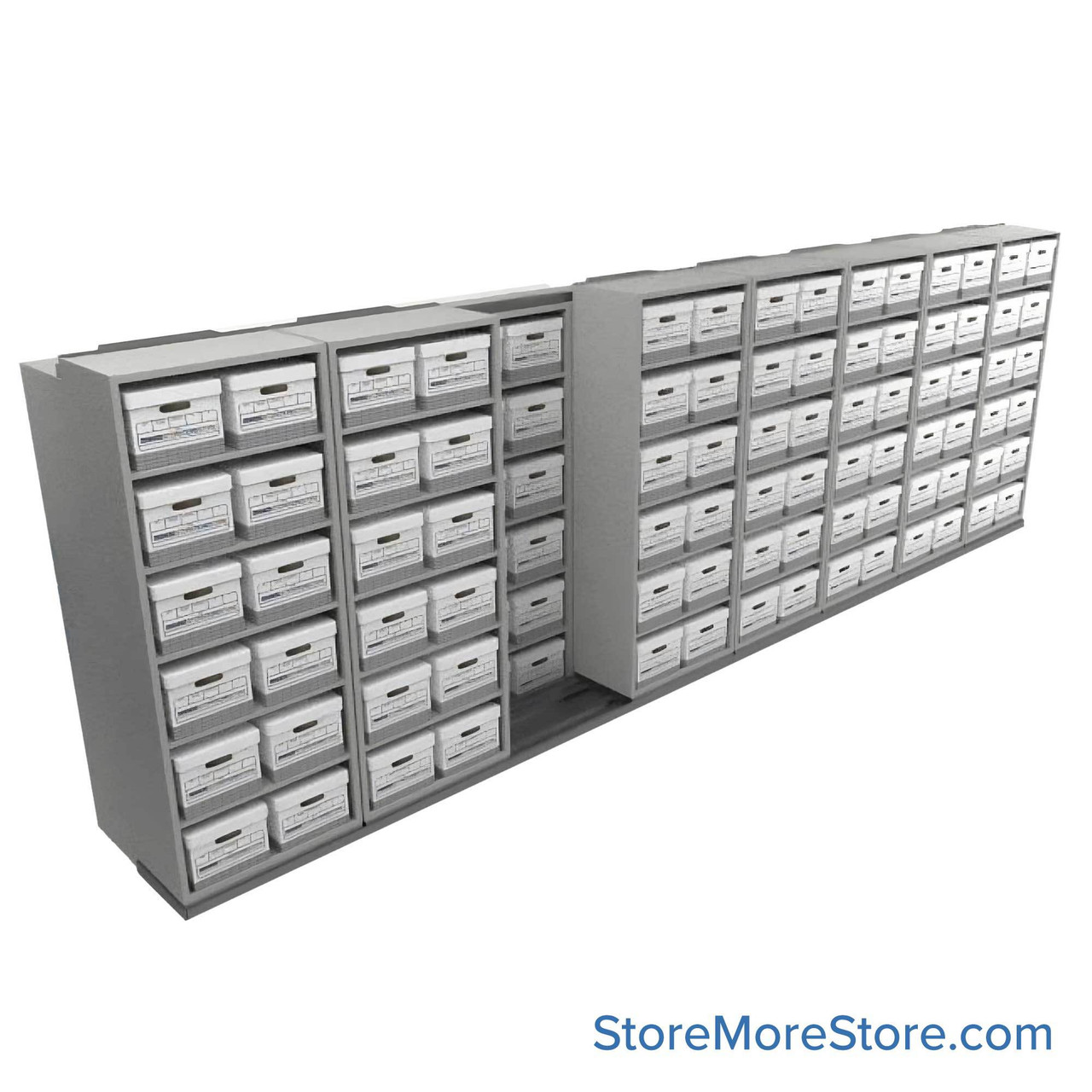 Sliding Box Shelving Storage Systems, 249" W x 34.5" D x 81.75" H, 8 Stationary Rows, 30" Shelf Width, 1 Moveable Row