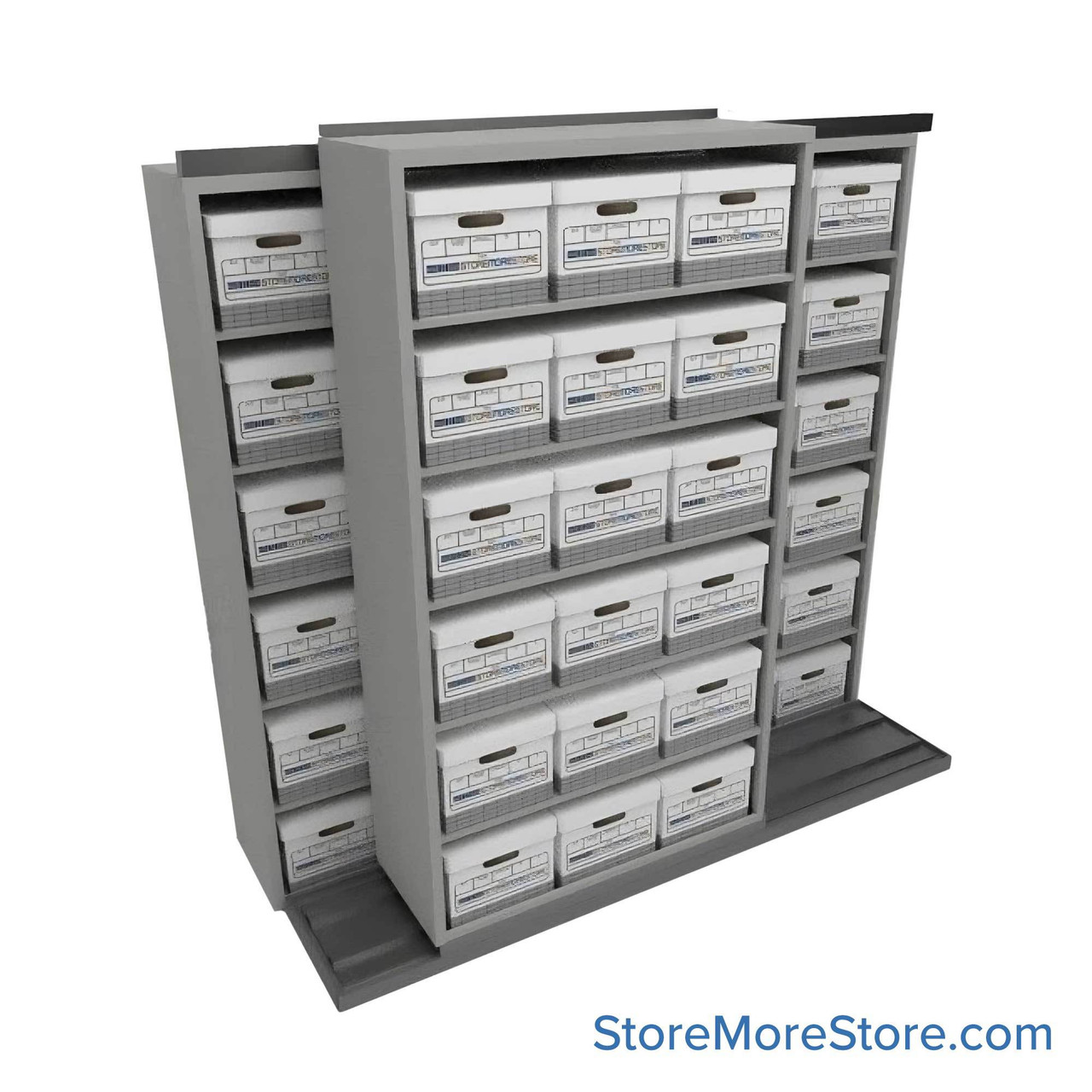 Sliding Box Shelving Storage Systems, 88" W x 34.5" D x 81.75" H, 2 Stationary Rows, 42" Shelf Width, 1 Moveable Row