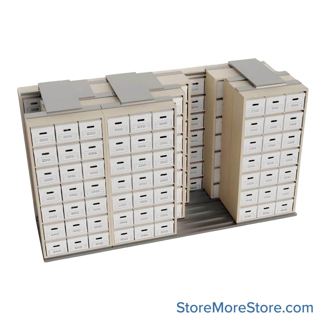 Sliding Box Shelving Storage Systems, 172" W x 71.5" D x 93.75" H, 4 Stationary Rows, 42" Shelf Width, 3 Moveable Rows