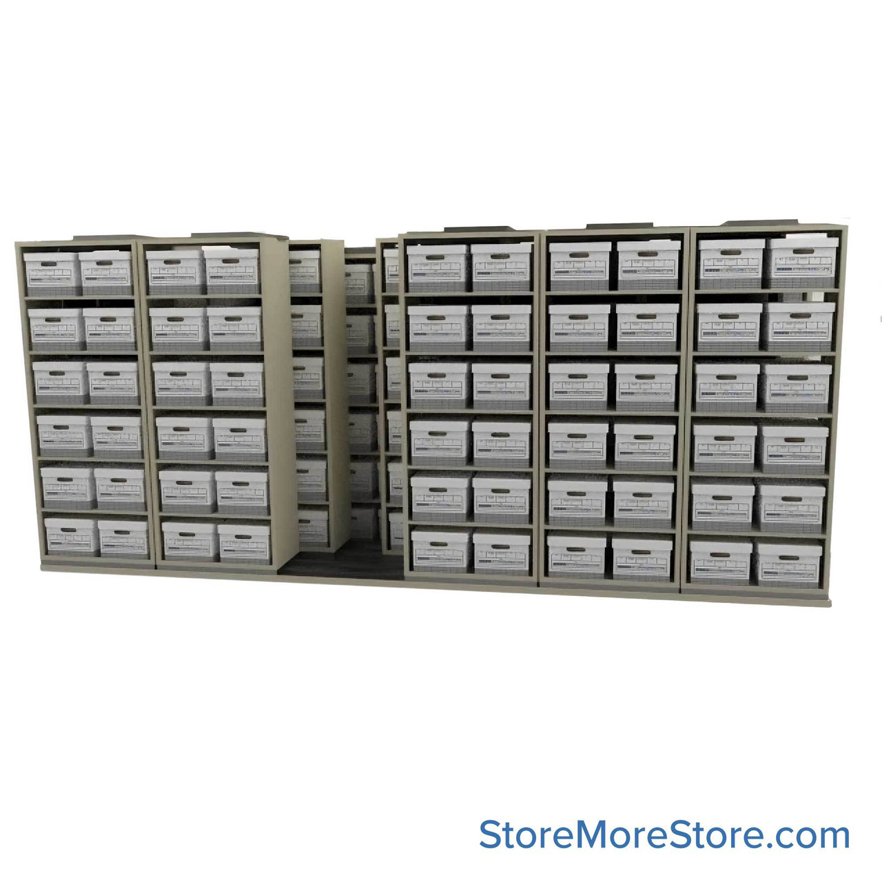 Sliding Box Shelving Storage Systems, 184" W x 34.5" D x 81.75" H, 6 Stationary Rows, 30" Shelf Width, 3 Moveable Rows