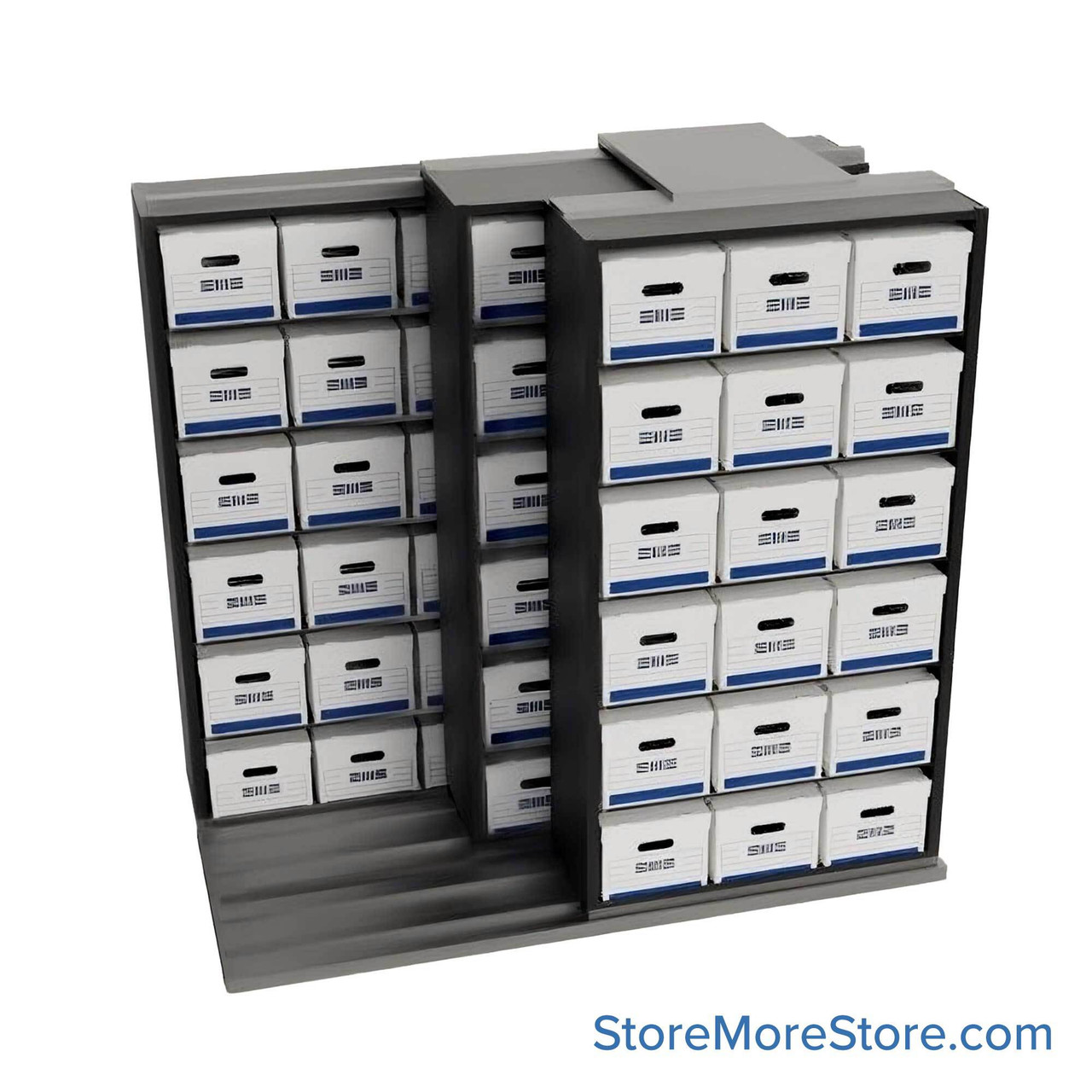 Sliding Box Shelving Storage Systems, 88" W x 53" D x 81.75" H, 2 Stationary Rows, 42" Shelf Width, 2 Moveable Rows