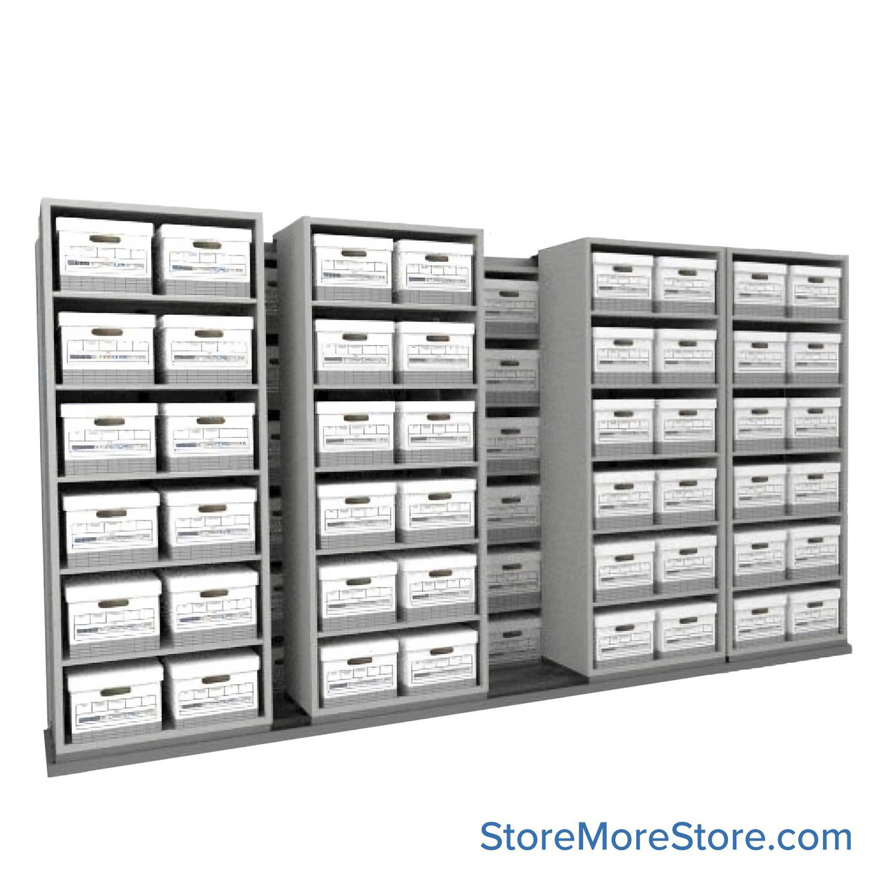 Sliding Box Shelving Storage Systems, 154" W x 34.5" D x 81.75" H, 5 Stationary Rows, 30" Shelf Width, 1 Moveable Row