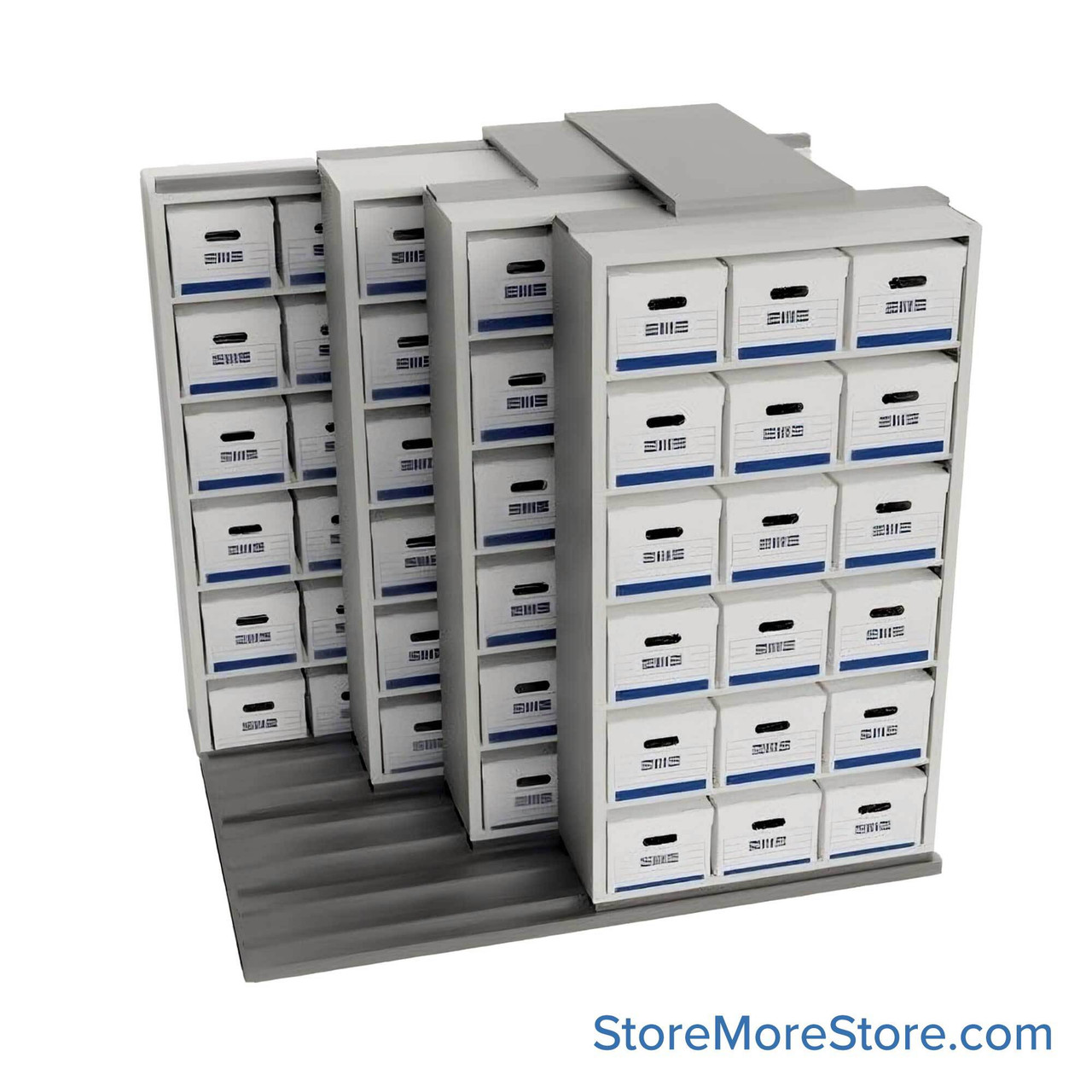 Sliding Box Shelving Storage Systems, 88" W x 34.5" D x 81.75" H, 2 Stationary Rows, 42" Shelf Width, 3 Moveable Rows