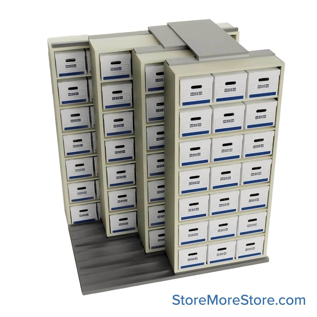 Sliding Box Shelving Storage Systems, 88" W x 34.5" D x 93.75" H, 2 Stationary Rows, 42" Shelf Width, 3 Moveable Rows