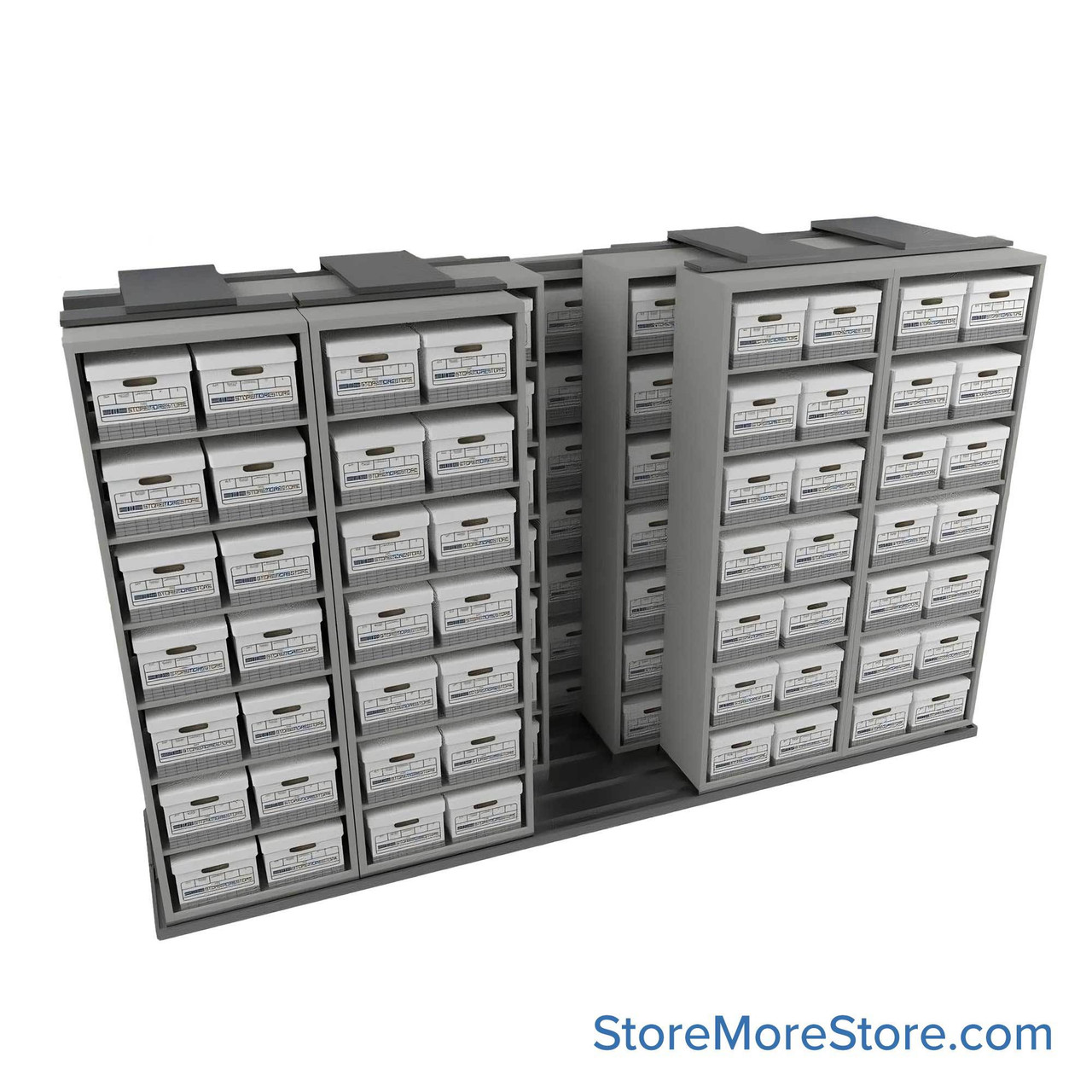 Sliding Box Shelving Storage Systems, 154" W x 53" D x 93.75" H, 5 Stationary Rows, 30" Shelf Width, 2 Moveable Rows