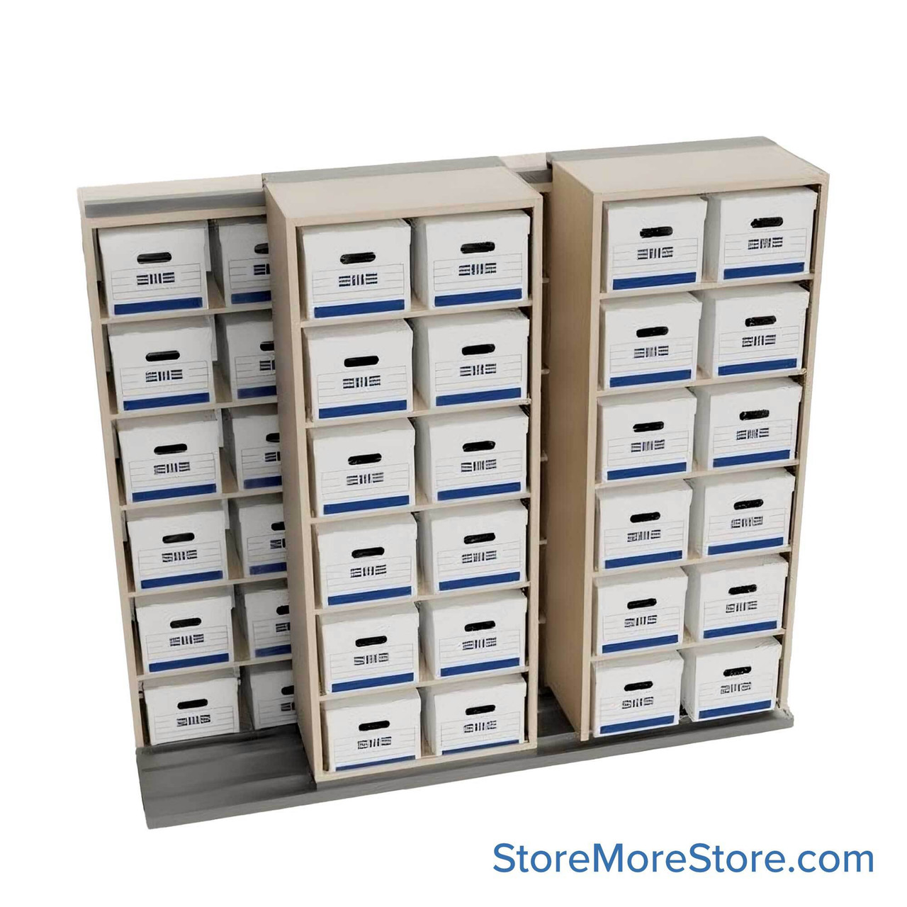 Sliding Box Shelving Storage Systems, 130" W x 34.5" D x 81.75" H, 3 Stationary Rows, 42" Shelf Width, 1 Moveable Row