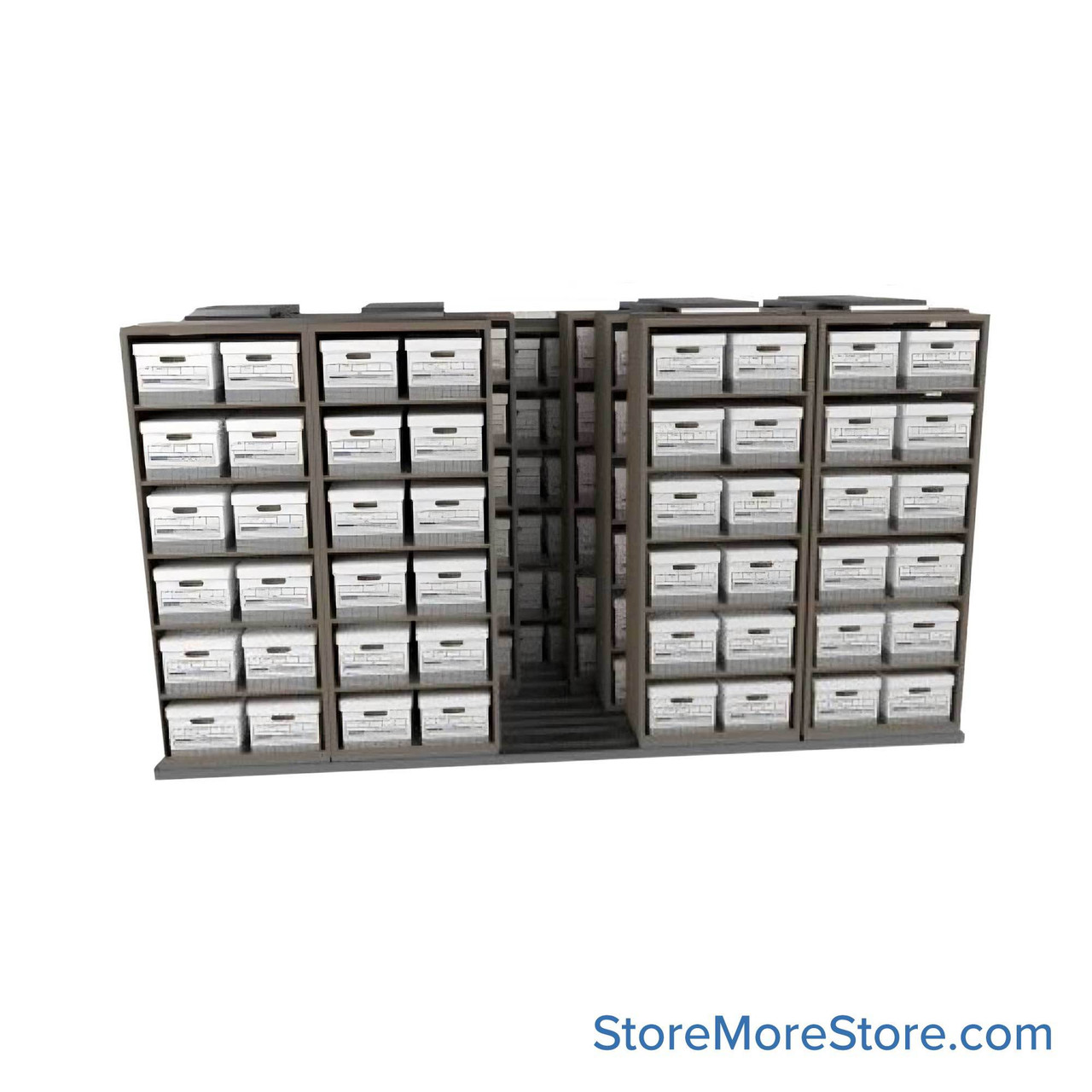 Sliding Box Shelving Storage Systems, 154" W x 34.5" D x 81.75" H, 5 Stationary Rows, 30" Shelf Width, 3 Moveable Rows