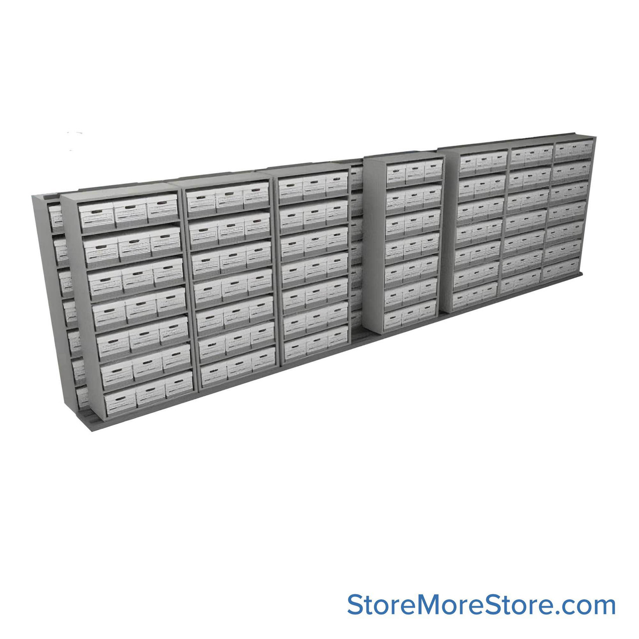Sliding Box Shelving Storage Systems, 340" W x 34.5" D x 93.75" H, 8 Stationary Rows, 42" Shelf Width, 1 Moveable Row
