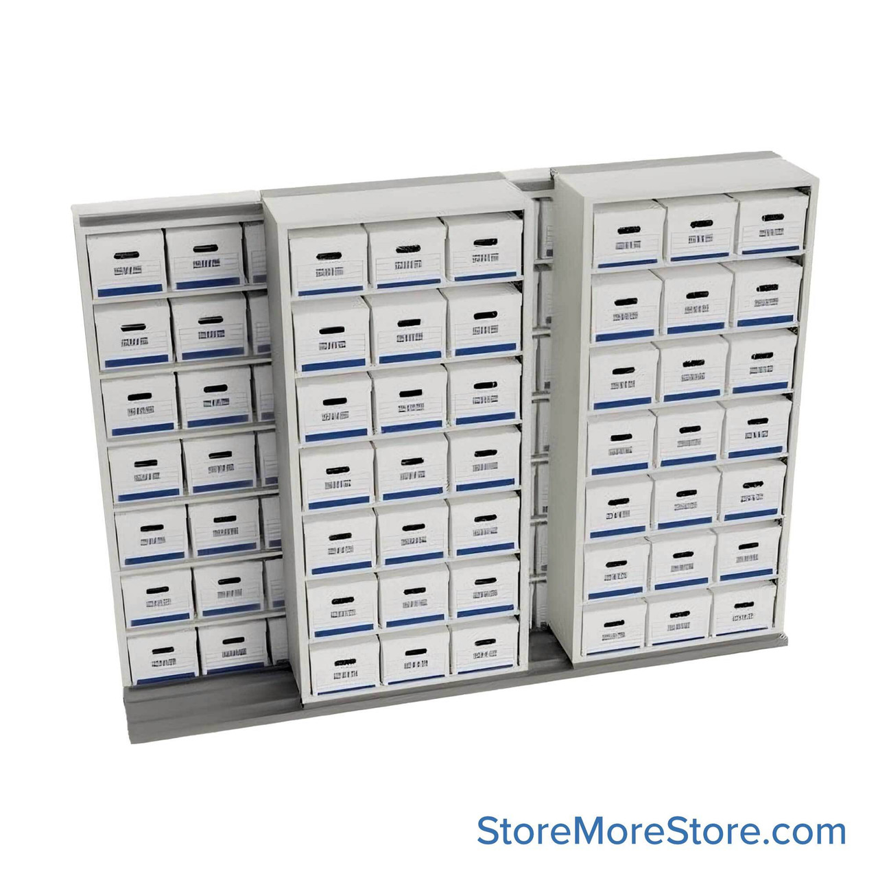 Sliding Box Shelving Storage Systems, 130" W x 34.5" D x 93.75" H, 3 Stationary Rows, 42" Shelf Width, 1 Moveable Row