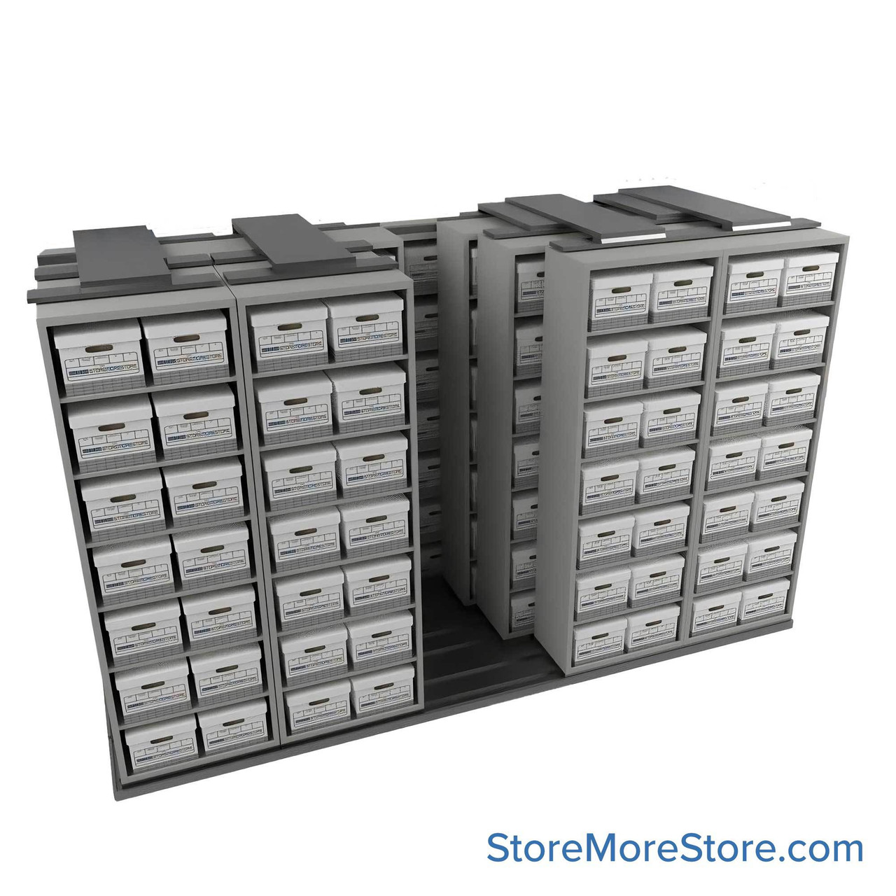 Sliding Box Shelving Storage Systems, 154" W x 34.5" D x 93.75" H, 5 Stationary Rows, 30" Shelf Width, 3 Moveable Rows