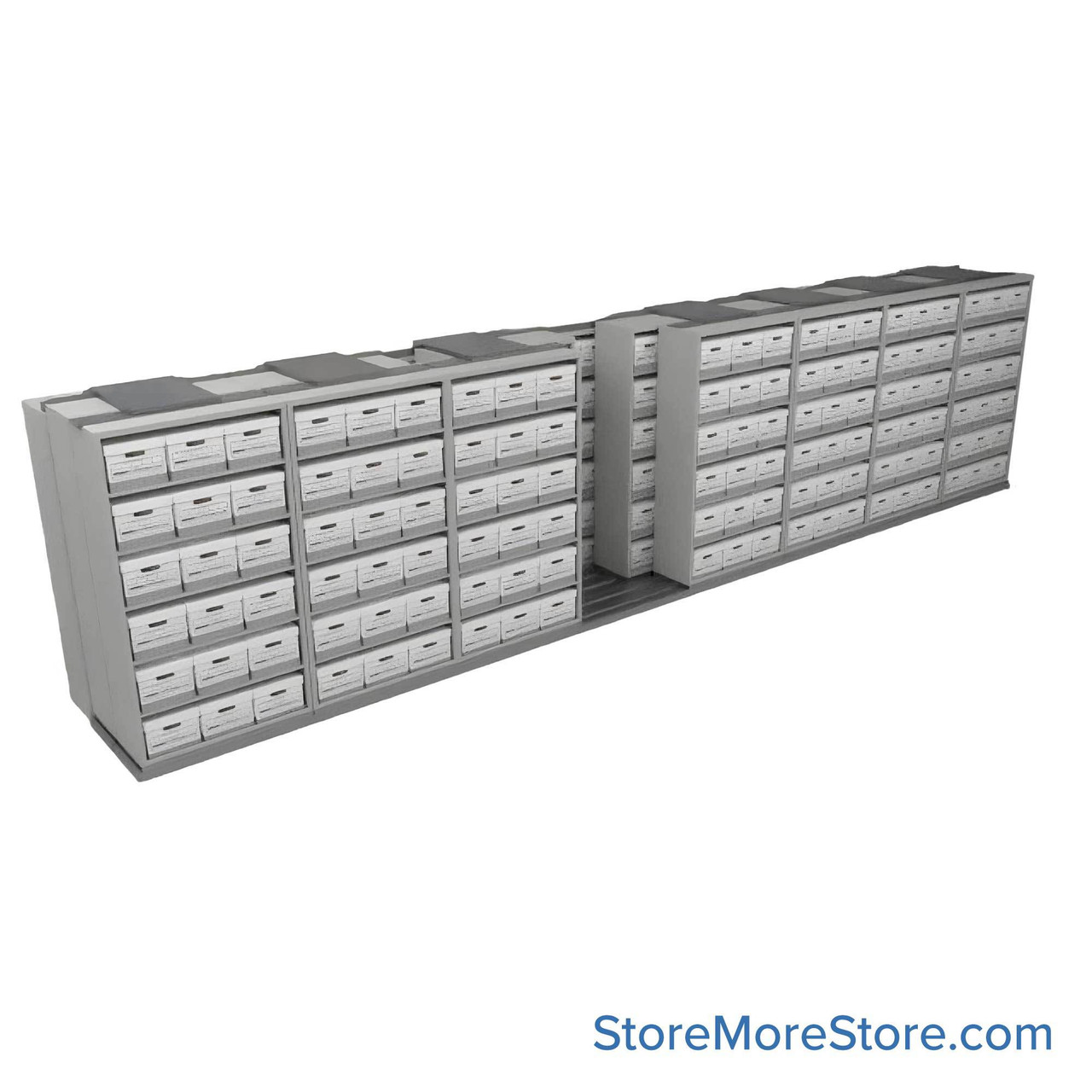 Sliding Box Shelving Storage Systems, 340" W x 53" D x 81.75" H, 8 Stationary Rows, 42" Shelf Width, 2 Moveable Rows