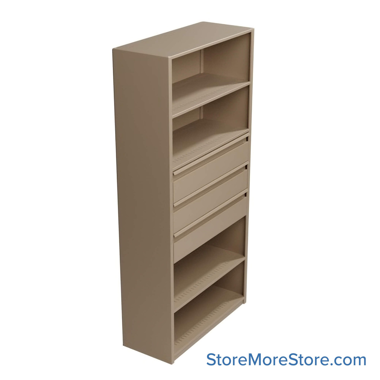 Shelving Units with Drawers, 36" W x 76.25" H, 3 Drawers, 31-1/2"W x 13-3/8"D x 6-7/8"H Drawer Dimensions