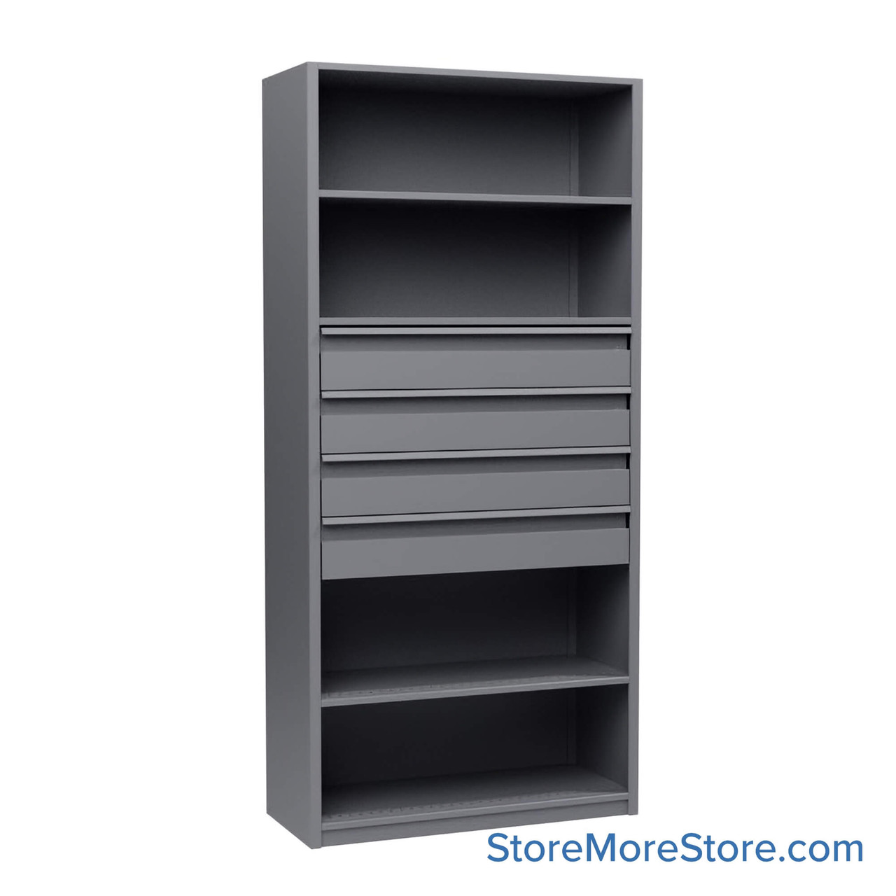 Shelving Units with Drawers, 36" W x 76.25" H, 4 Drawers, 31-1/2"W x 13-3/8"D x 5-3/8"H Drawer Dimensions
