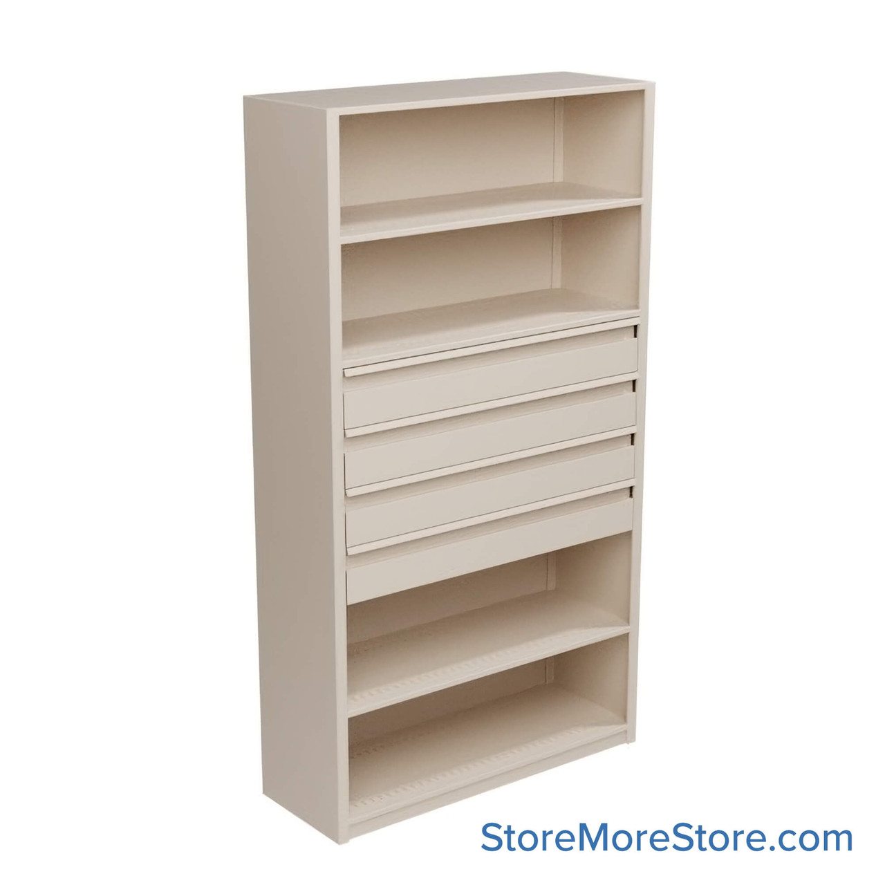 Shelving Units with Drawers, 42" W x 76.25" H, 4 Drawers, 37-1/2"W x 13-3/8"D x 5-3/8"H Drawer Dimensions