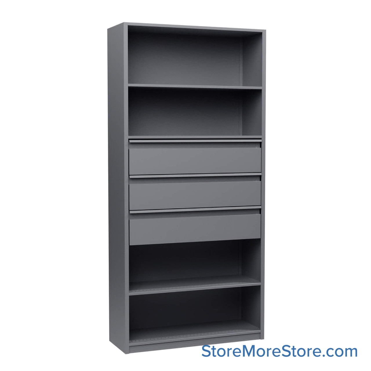 Shelving Units with Drawers, 42" W x 88.25" H, 3 Drawers, 37-1/2"W x 13-3/8"D x 8-3/8"H Drawer Dimensions