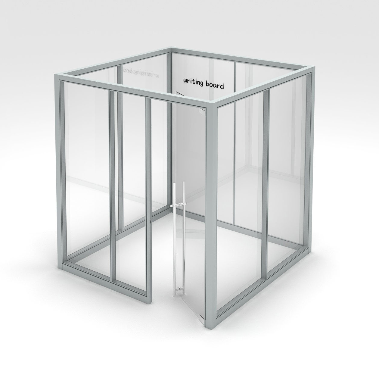 Modern Office Cubicles, 8" x 8" 4-Sided Office with Swinging Clear Glass Door, 3 Clear Glass Panels & 1 White Glass Panel