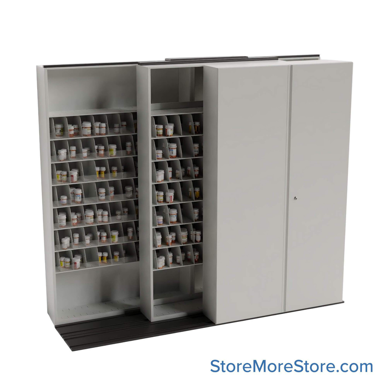 Sliding Pharmacy Shelves, 100" W x 34" D x 83" H