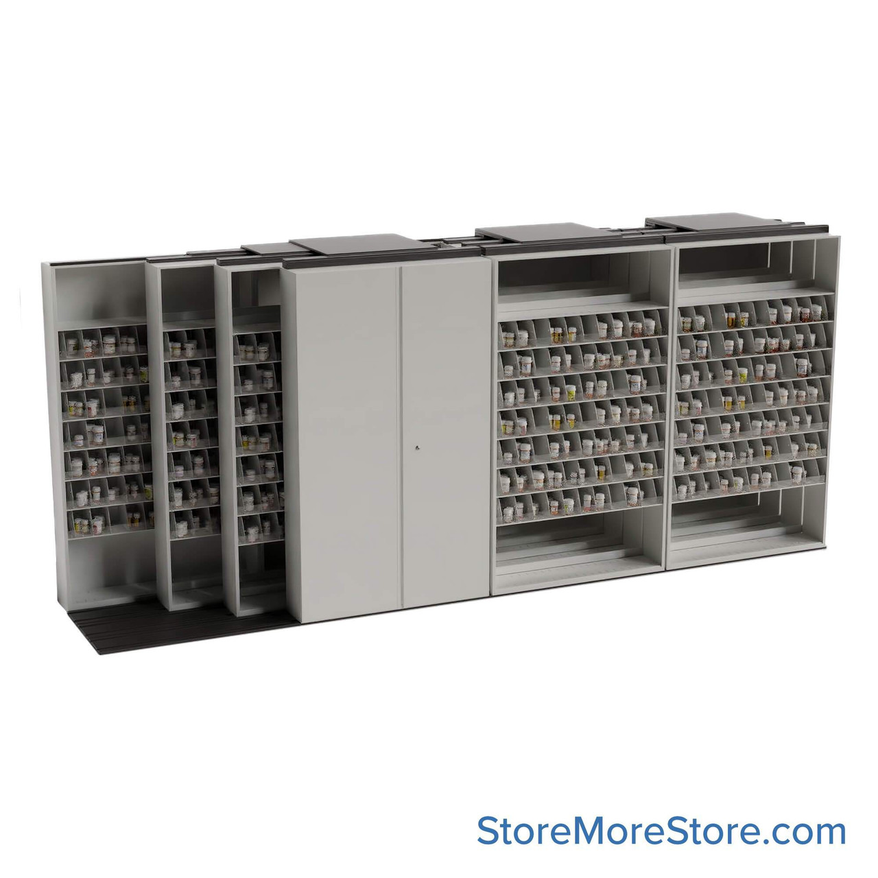 Sliding Pharmacy Shelves, 196" W x 46" D x 83.75" H