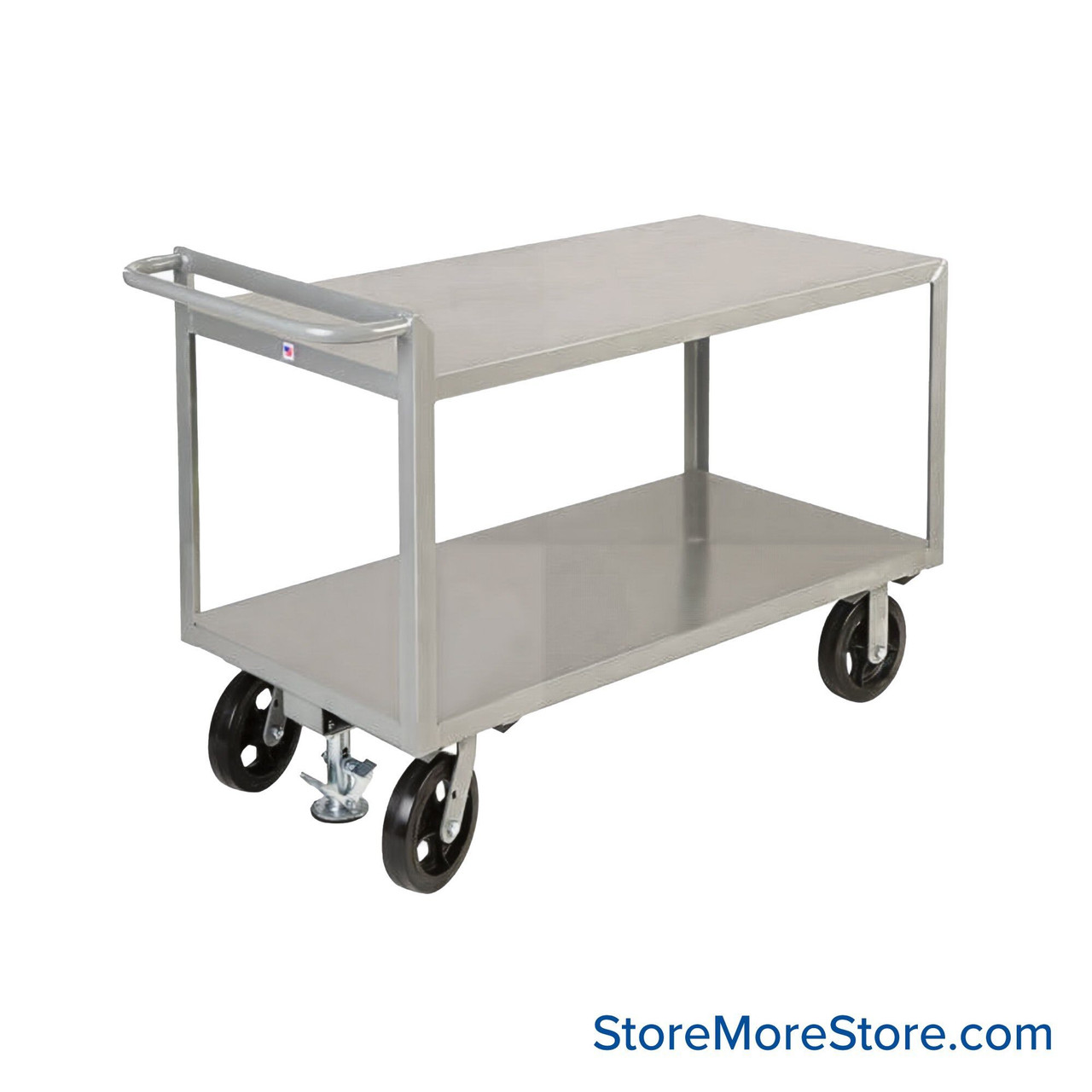 Mobile Utility Cart, 30" W x 60" D x 32" H, 8" Mold-on Rubber w/ Floor Lock Casters, Flush Shelves