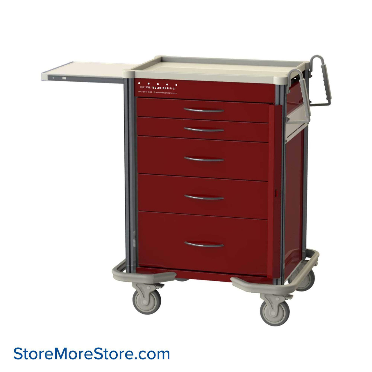 Hospital Crash Cart, 44" High, Two 3", Two 6", One 9" Drawers, 6" Brushed Nickel Handle/ Pull-Out Shelf, Aluminum