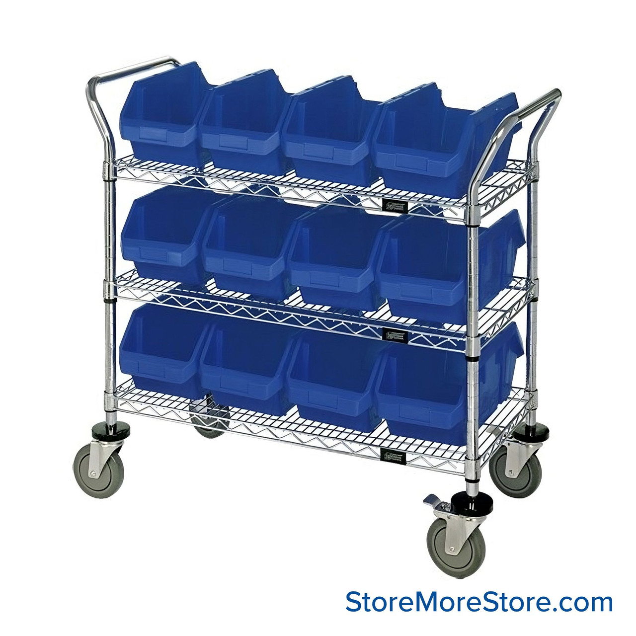 Double Sided Bin Cart, 3 Shelves, 12 Bins, 8.375"W x 18.5"D x 7"H Bin Sizes