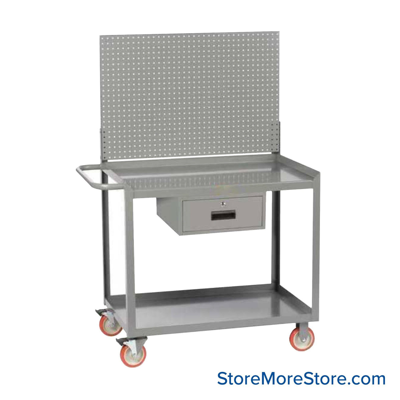 Heavy Duty Shelf Cart, 48" D x 34" H, Retaining Lip, One Locking Drawer With Pegboard Panel