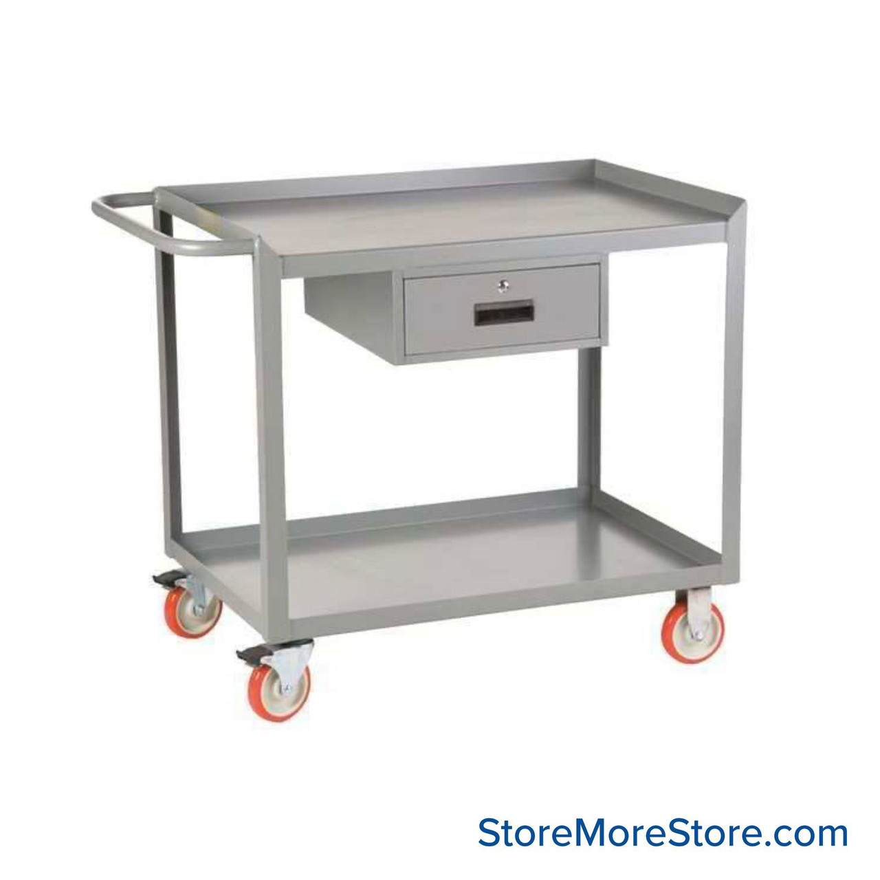 Heavy Duty Shelf Cart, 36" D x 34" H, Retaining Lip, One Locking Drawer