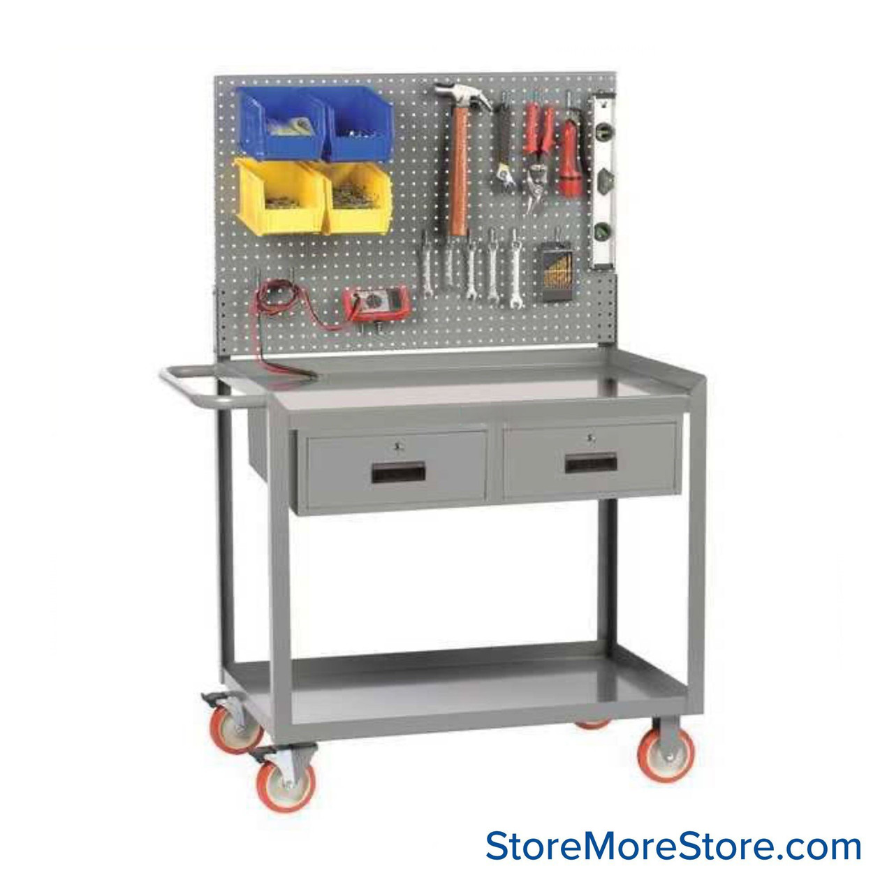 Heavy Duty Shelf Cart, 36" D x 34" H, Retaining Lip, Two Locking Drawers With Pegboard Panel