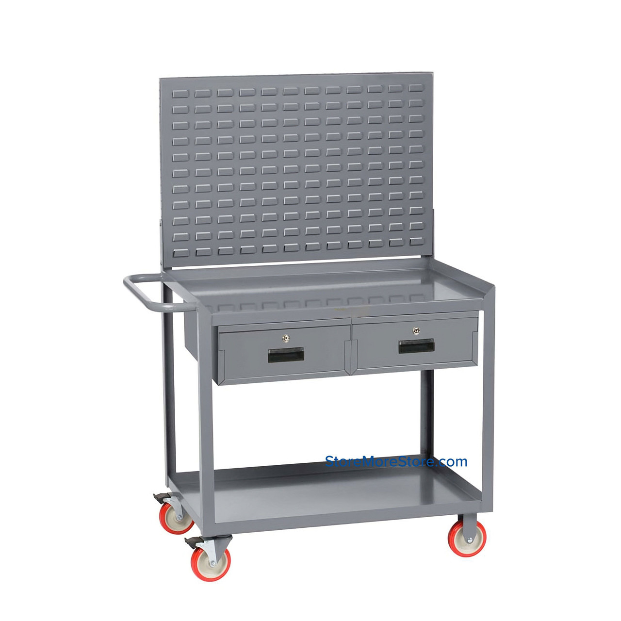 Heavy Duty Shelf Cart, 36" D x 34" H, Retaining Lip, Two Locking Drawers/Two Shelves With Louvered Panel