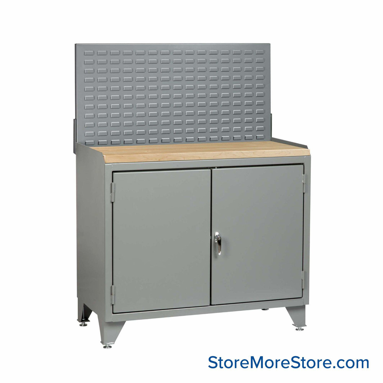 Cabinet Workbenches, 48" W x 42.75" H, 1 3/4" Butcher Block, Solid Doors, Louvered Panel, Welded Center Shelf