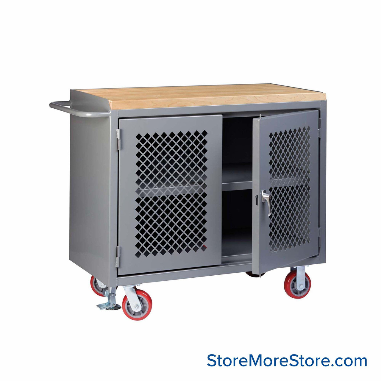 Cabinet Workbenches, 48" W x 42.75" H, 1 3/4" Butcher Block, Clearview Doors, Floor Lock, Welded Center Shelf