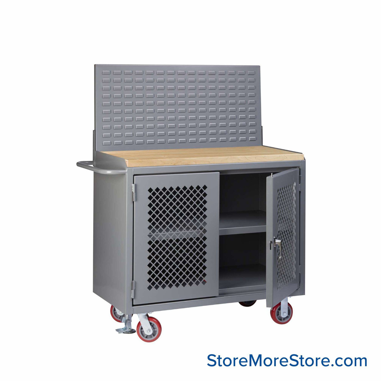 Cabinet Workbenches, 48" W x 42.75" H, 1 3/4" Butcher Block, Clearview Doors, Louvered Panel/Floor Lock, Welded Center Shelf