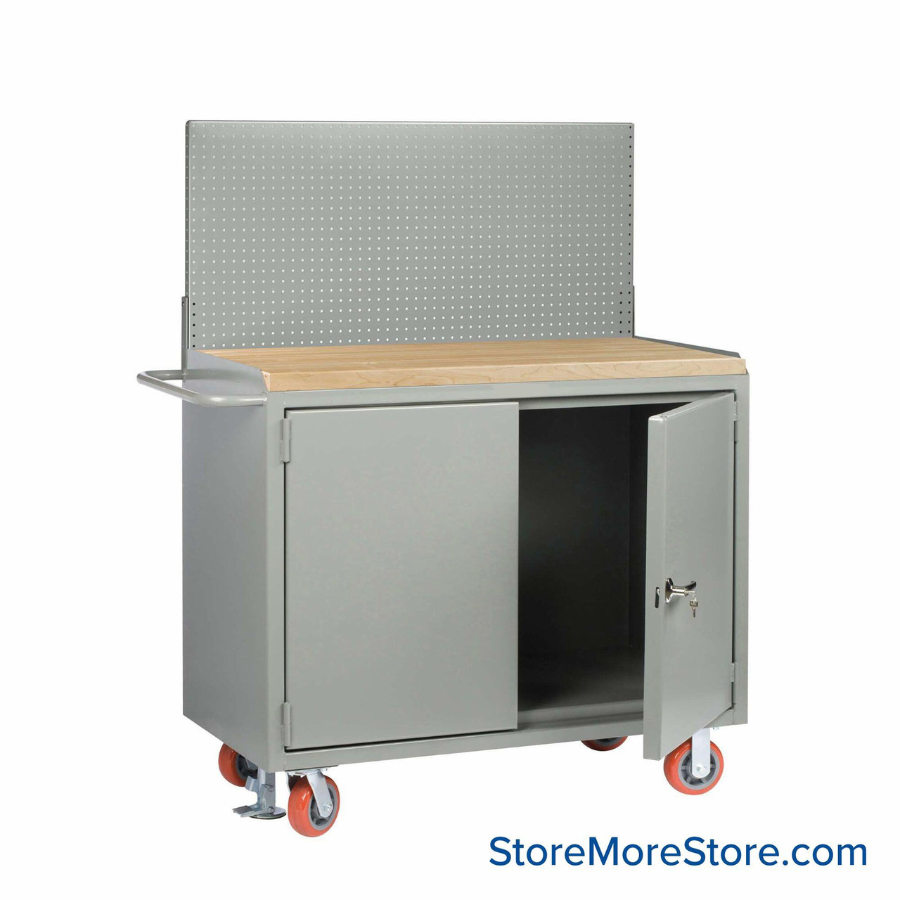 Cabinet Workbenches, 48" W x 42.75" H, 1 3/4" Butcher Block, Solid Doors, Pegboard Panel/Floor Lock