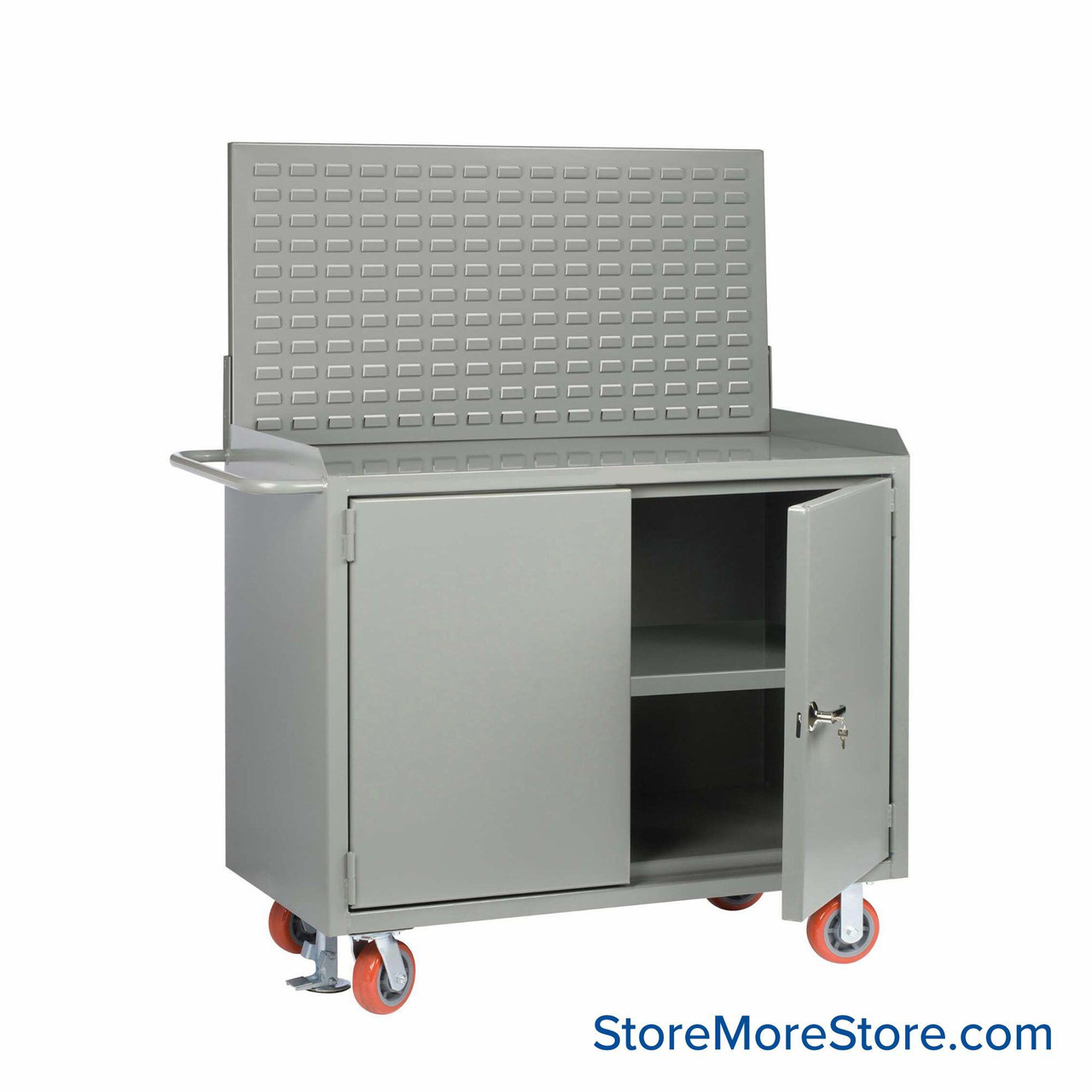 Cabinet Workbenches, 48" W x 41" H, Powder Coated Steel, Solid Doors, Louvered Panel/Floor Lock, Welded Center Shelf