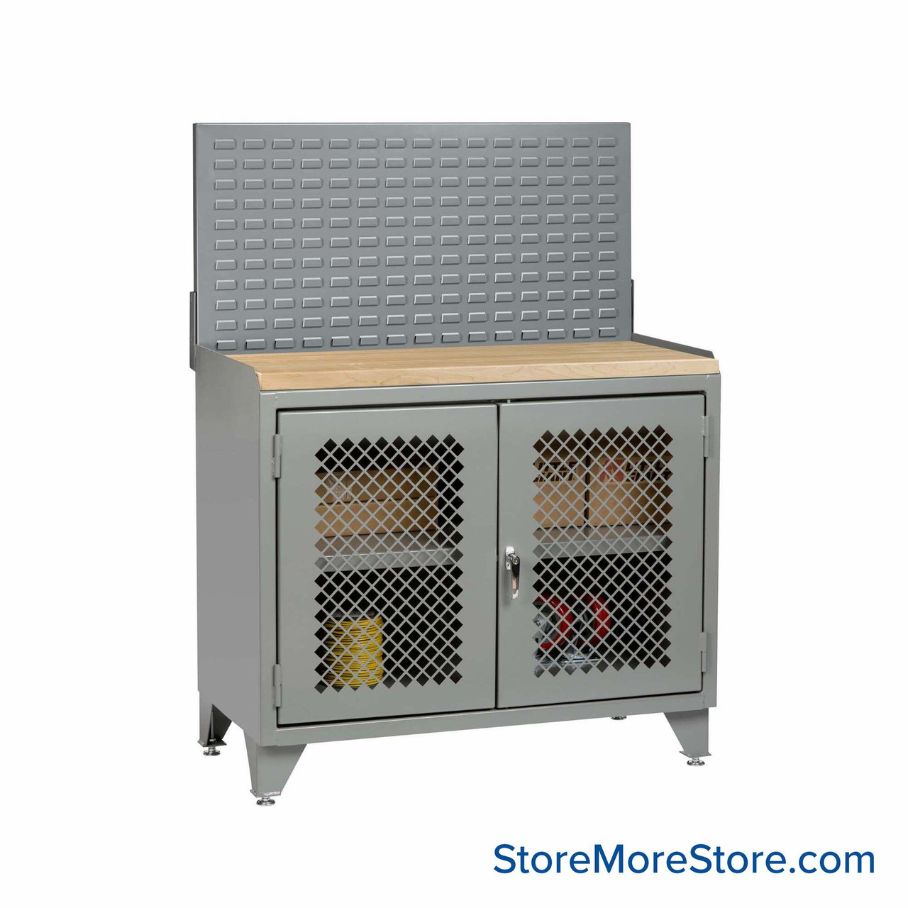 Cabinet Workbenches, 48" W x 42.75" H, 1 3/4" Butcher Block, Clearview Doors, Louvered Panel, Welded Center Shelf