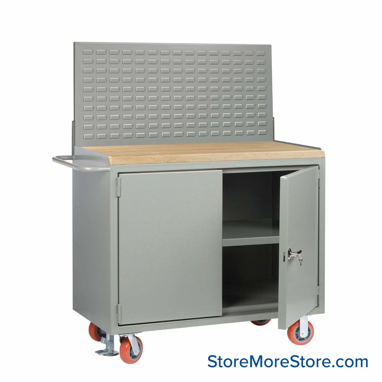 Cabinet Workbenches, 48" W x 42.75" H, 1 3/4" Butcher Block, Solid Doors, Pegboard Panel/Floor Lock, Welded Center Shelf