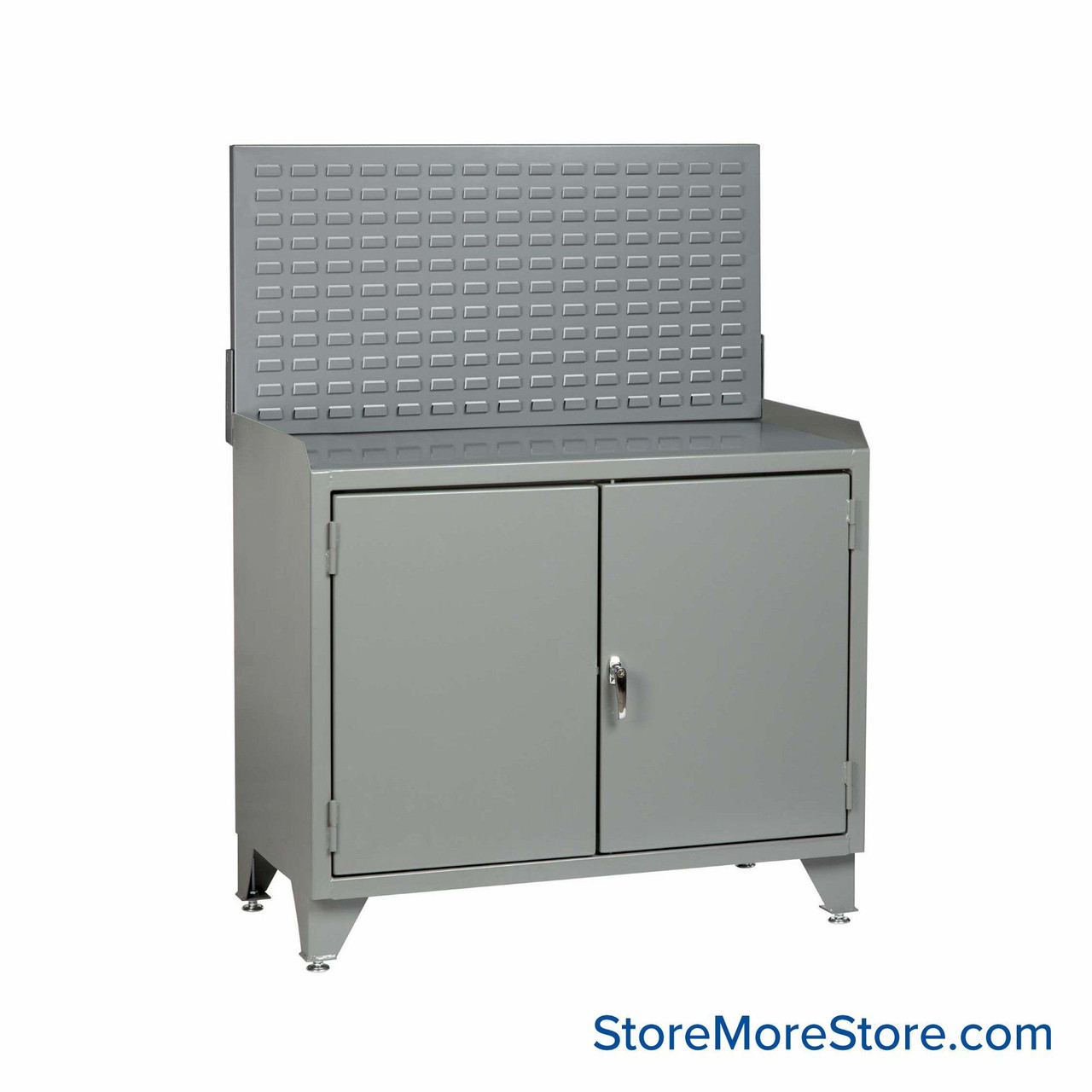 Cabinet Workbenches, 48" W x 41" H, Powder Coated Steel, Solid Doors, Louvered Panel, Welded Center Shelf
