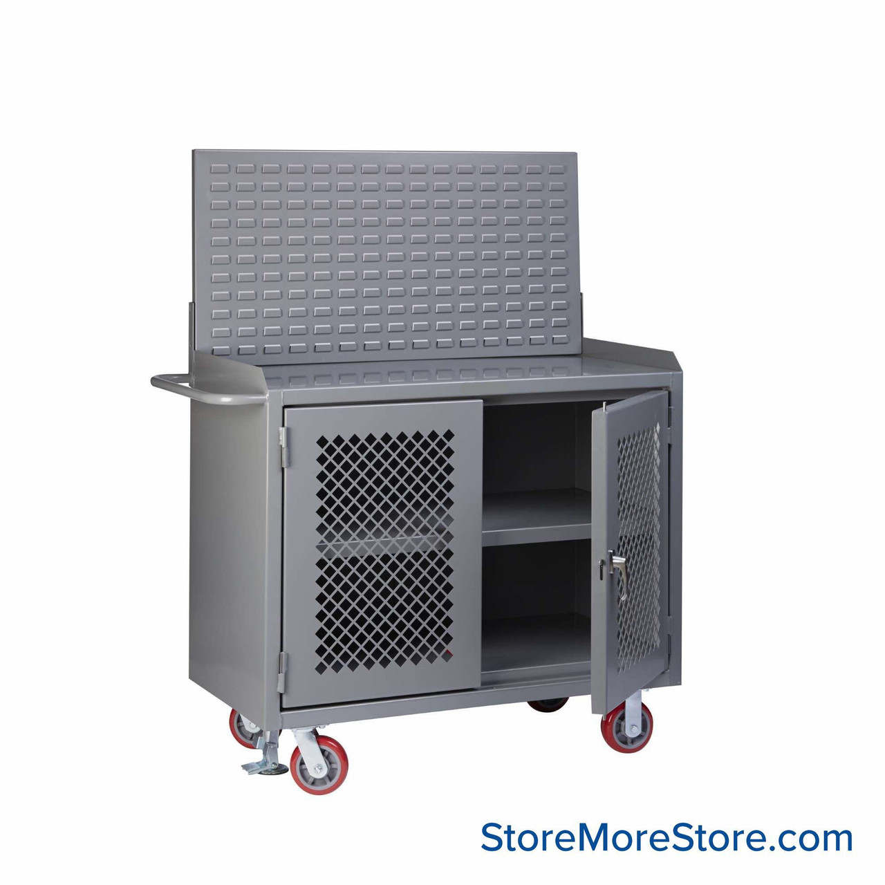 Cabinet Workbenches, 48" W x 41" H, Powder Coated Steel, Clearview Doors, Louvered Panel/Floor Lock, Welded Center Shelf
