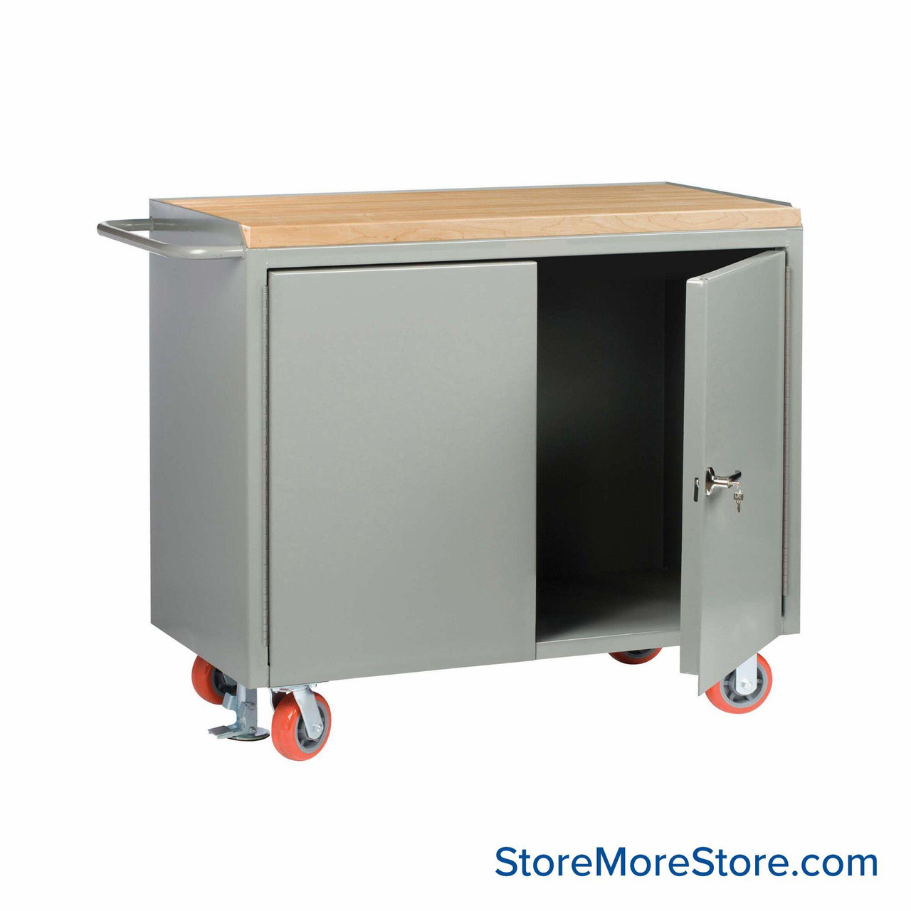 Cabinet Workbenches, 48" W x 42.75" H, 1 3/4" Butcher Block, Solid Doors, Floor Lock