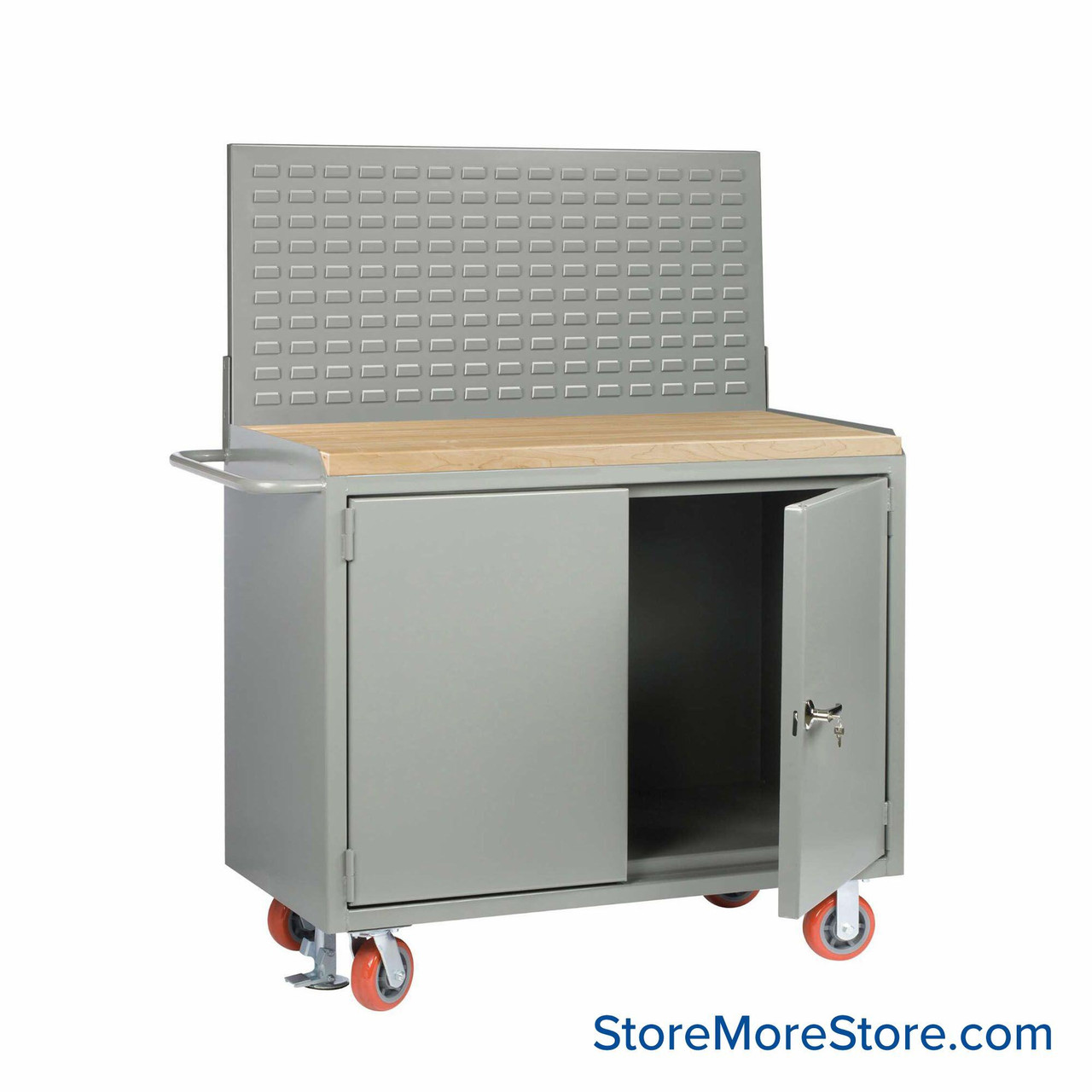 Cabinet Workbenches, 48" W x 42.75" H, 1 3/4" Butcher Block, Solid Doors, Louvered Panel/Floor Lock