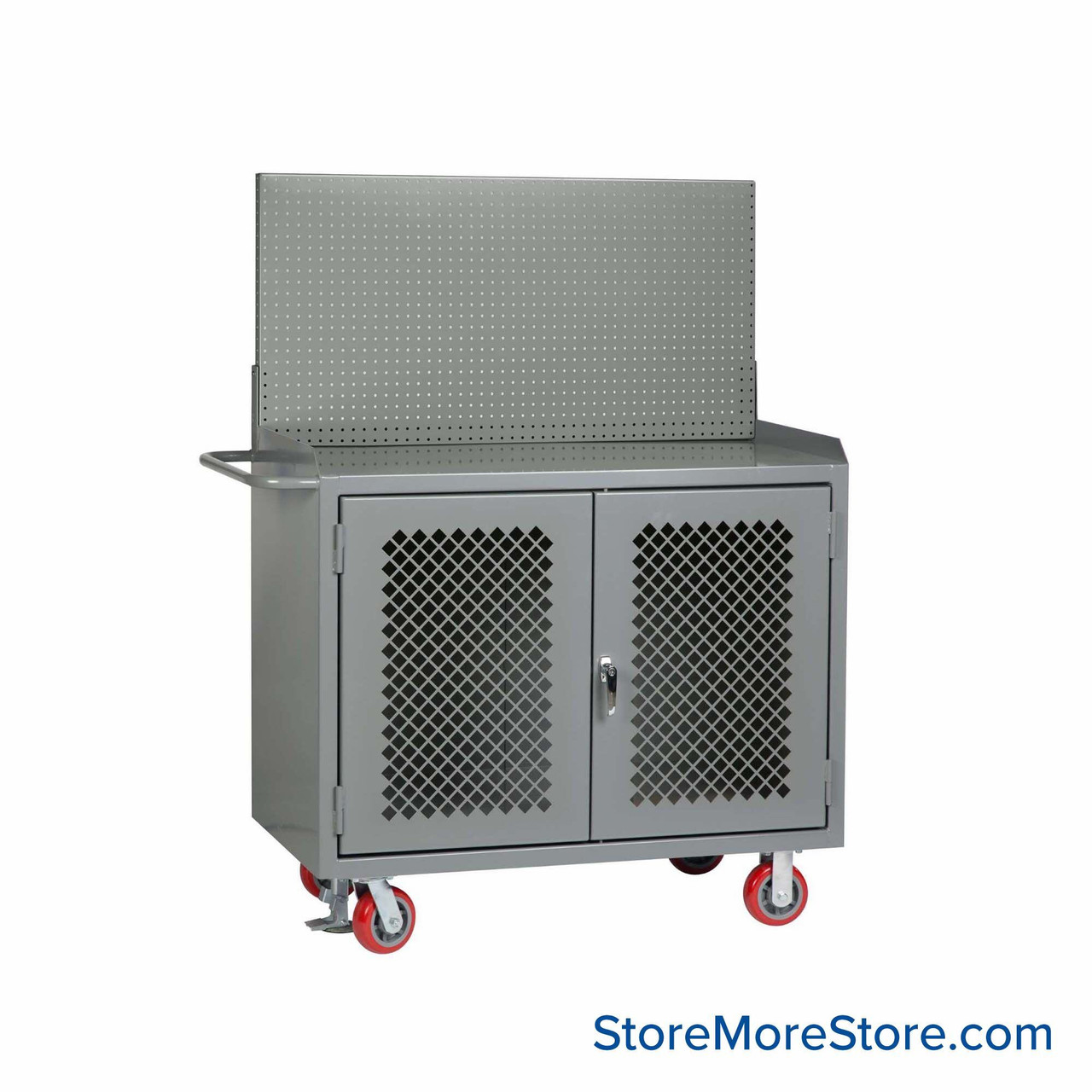 Cabinet Workbenches, 48" W x 41" H, Powder Coated Steel, Clearview Doors, Pegboard Panel/Floor Lock