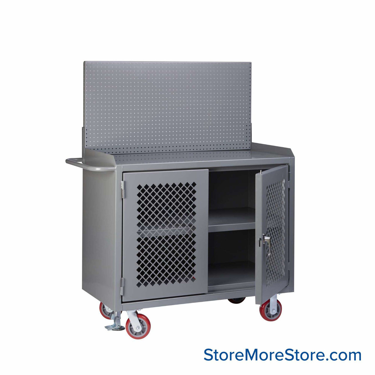 Cabinet Workbenches, 48" W x 41" H, Powder Coated Steel, Clearview Doors, Pegboard Panel/Floor Lock, Welded Center Shelf