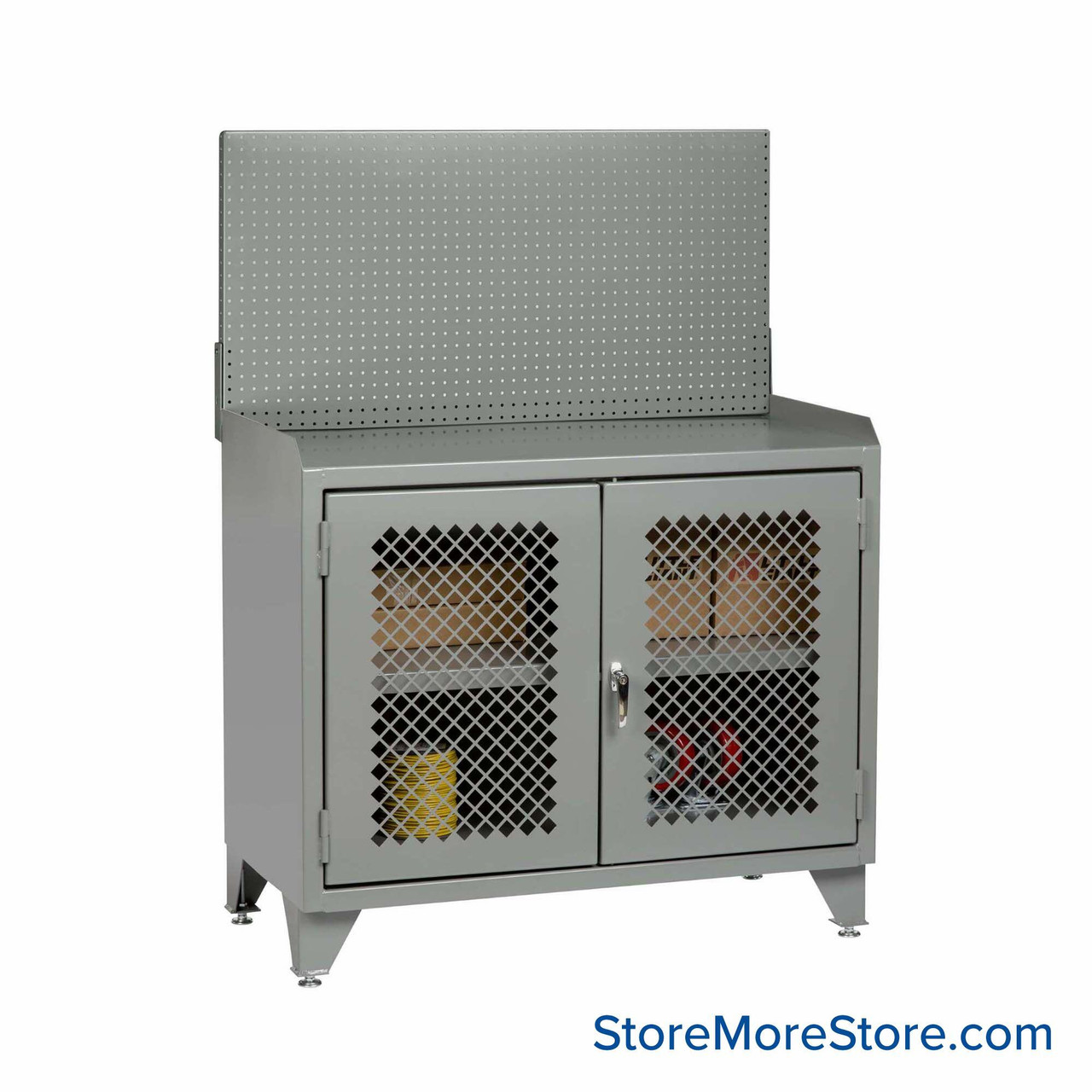 Cabinet Workbenches, 48" W x 41" H, Powder Coated Steel, Clearview Doors, Pegboard Panel, Welded Center Shelf