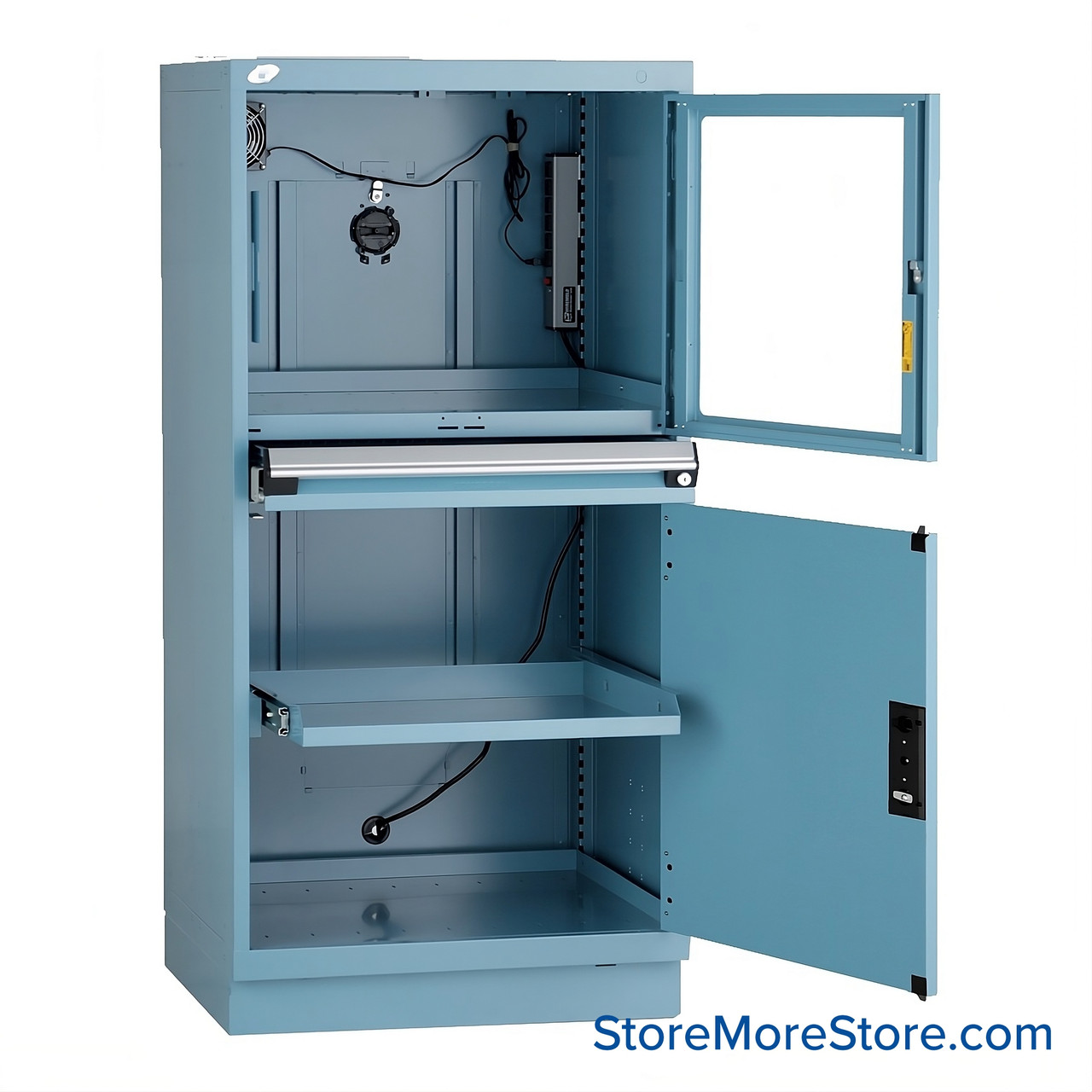 Dust Proof Computer Cabinet, 62" H, Roll-Out Printer Shelf, Fixed Bottom Computer Shelf, Without Casters